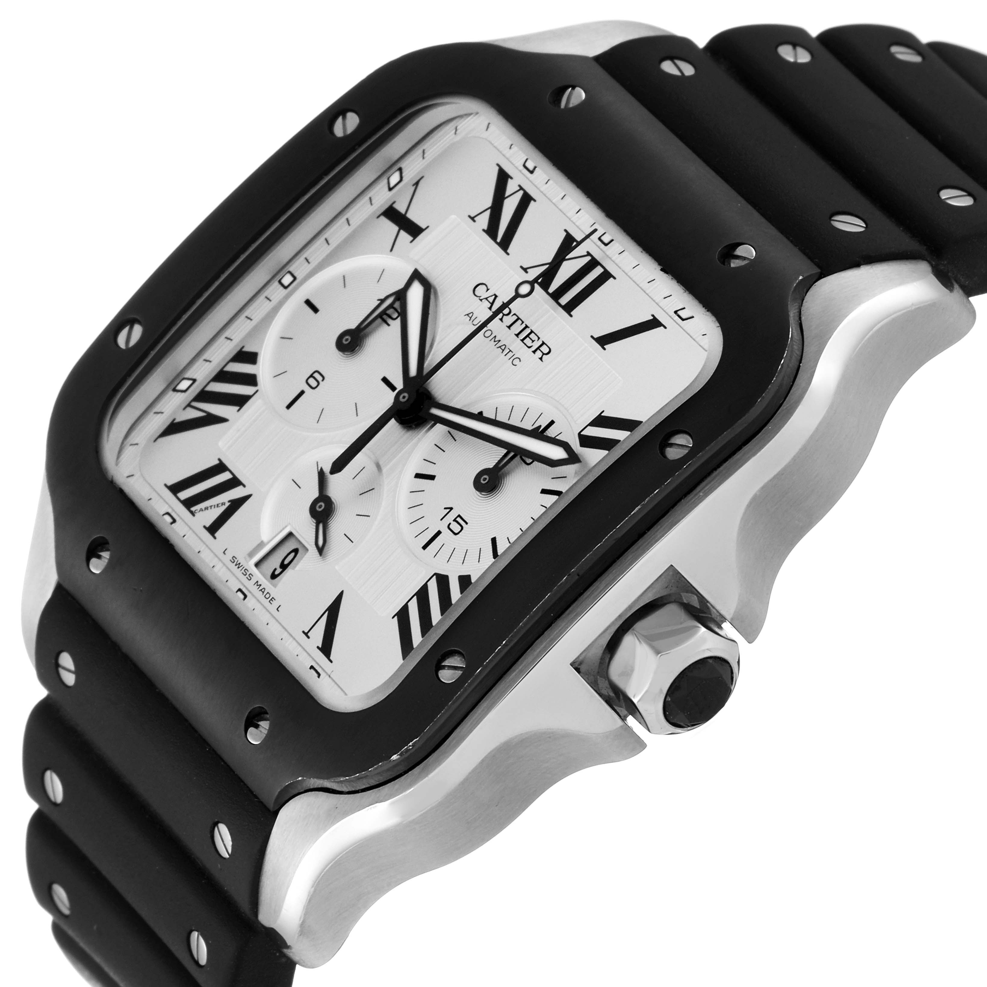 This is a close-up angle of the Cartier Santos WSSA0017 Men
s Stainless Steel Silver Dial WSSA0017 Men
s Stainless Steel Silver Dial watch showing its face, bezel, dial, and part of the black strap.