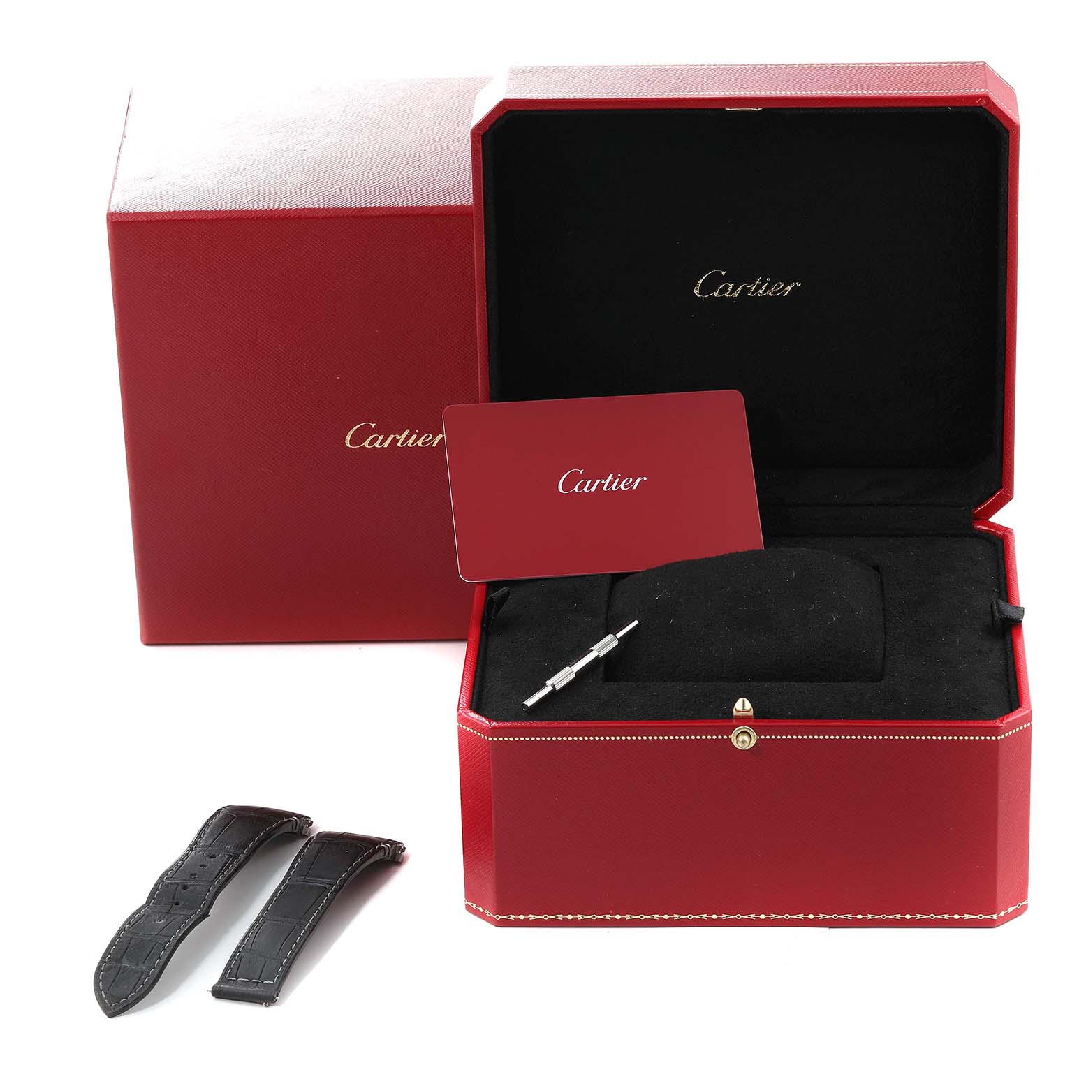 The image shows a red Cartier box for the Santos model, including watch straps, a tool, and a warranty card.