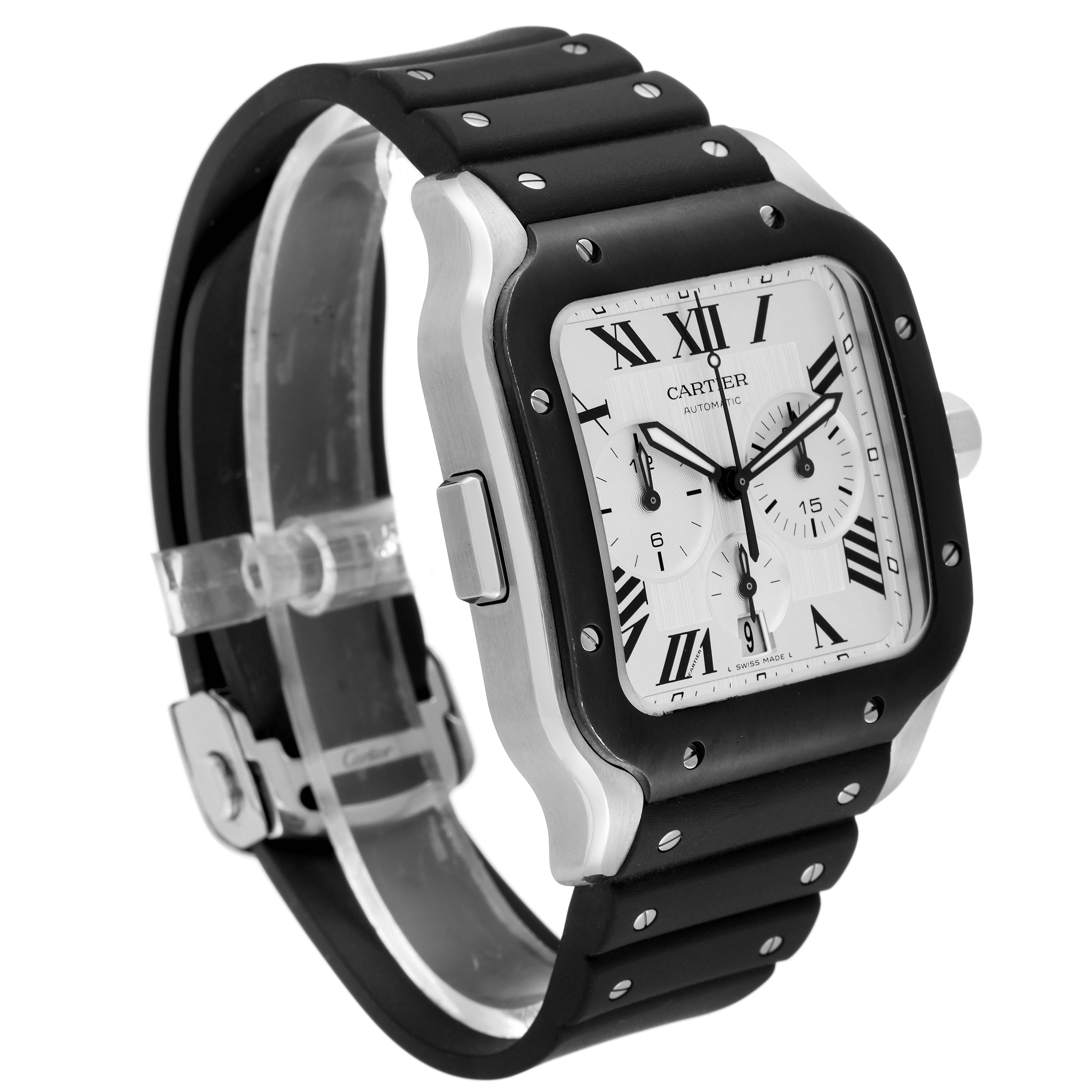 This image shows a Cartier Santos WSSA0017 Men
s Stainless Steel Silver Dial WSSA0017 Men
s Stainless Steel Silver Dial watch at an angled view, highlighting its black strap, square face, and distinctive bezel.