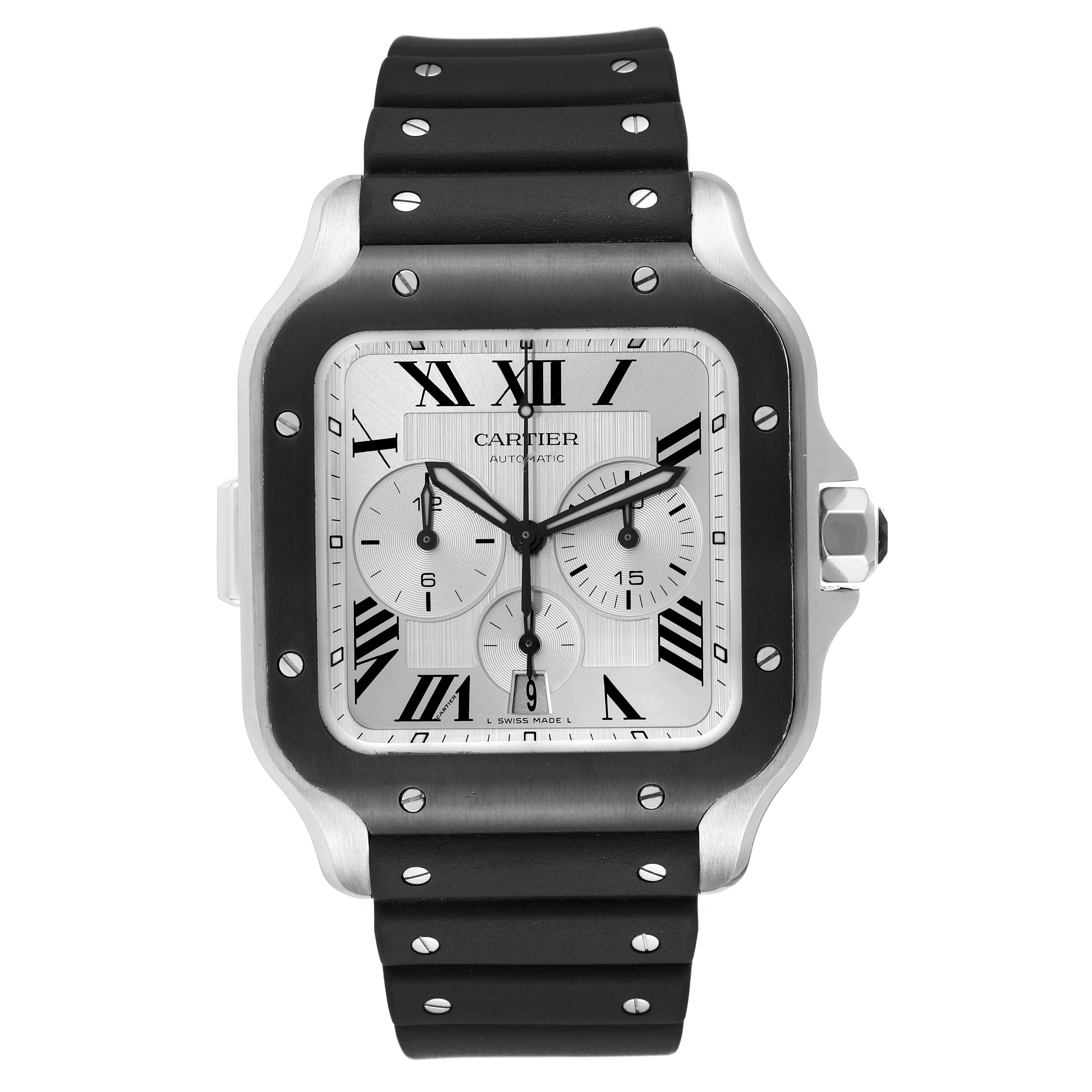 The image shows a Cartier Santos WSSA0017 Men
s Stainless Steel Silver Dial WSSA0017 Men
s Stainless Steel Silver Dial watch from a front angle, highlighting the face, bezel, and strap.
