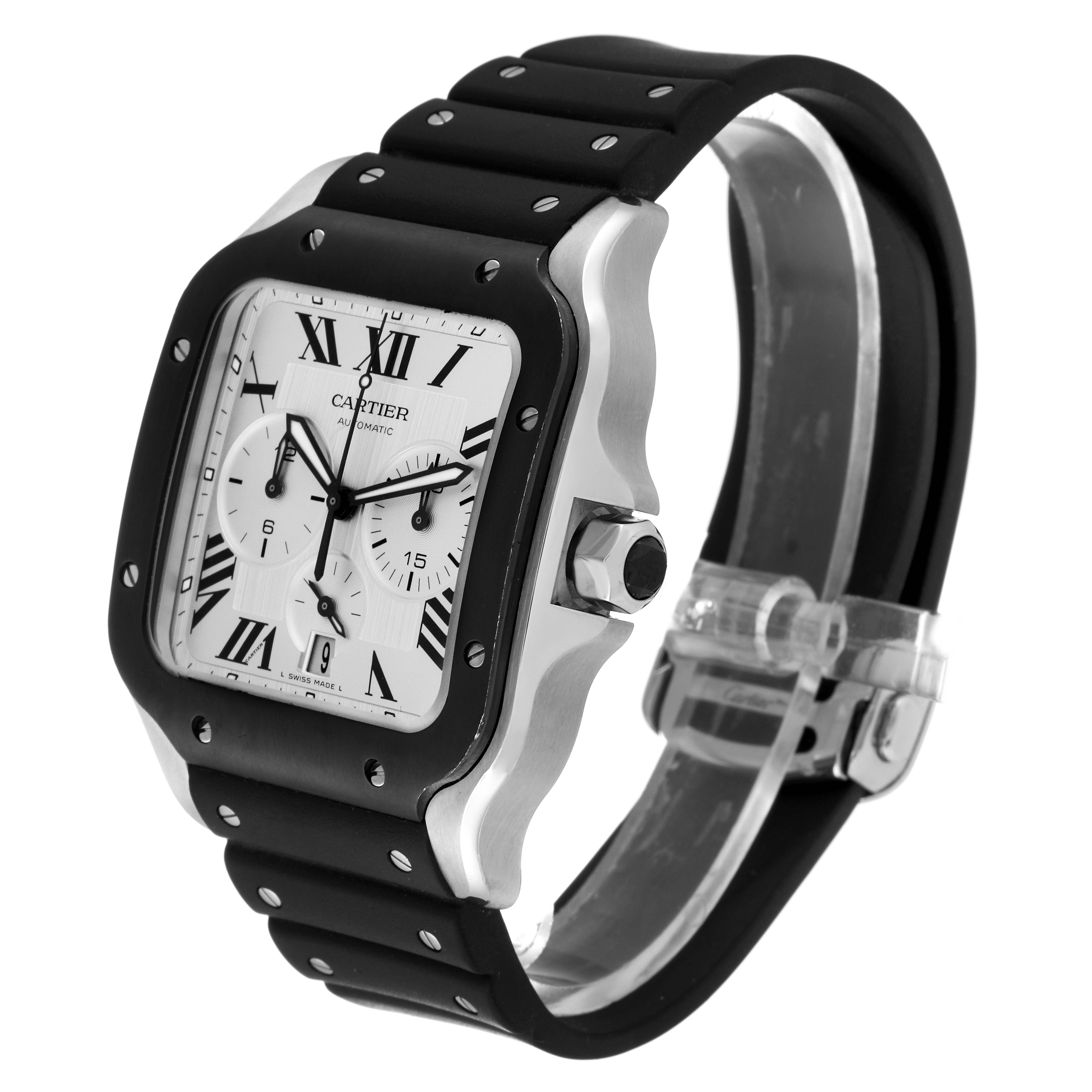 This image shows a Cartier Santos WSSA0017 Men
s Stainless Steel Silver Dial WSSA0017 Men
s Stainless Steel Silver Dial watch at a three-quarter angle, highlighting the face, bezel, crown, and strap.