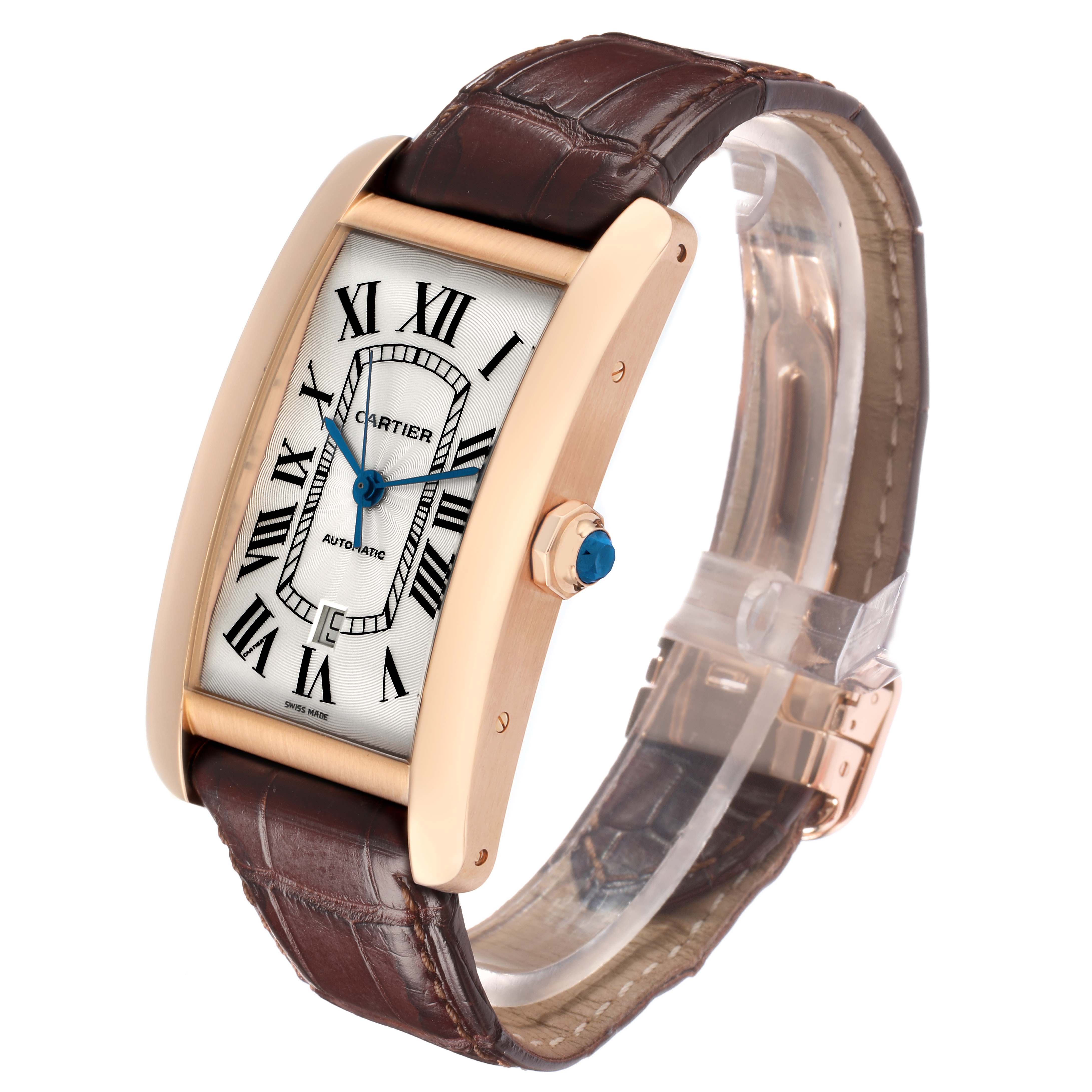 The Cartier Tank Americaine W2609856 Men
s Rose Gold Silver Dial watch is shown at a three-quarter angle, highlighting the face, bezel, crown, and strap.