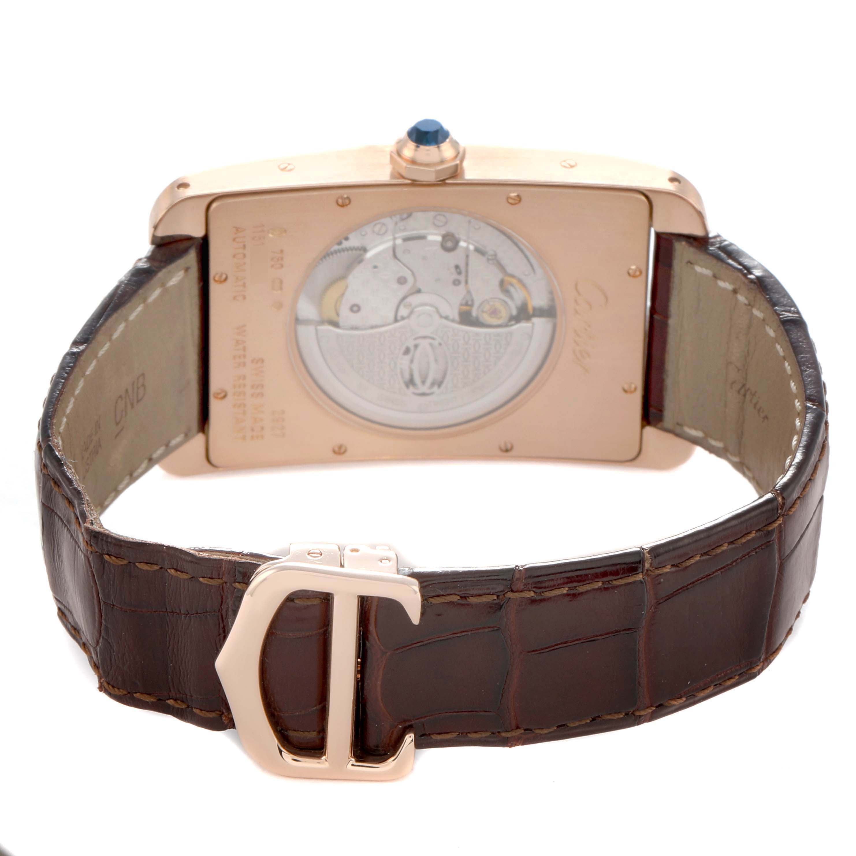 The image shows the back of a Cartier Tank Americaine W2609856 Men
s Rose Gold Silver Dial watch, highlighting the movement, case back, leather strap, and buckle.