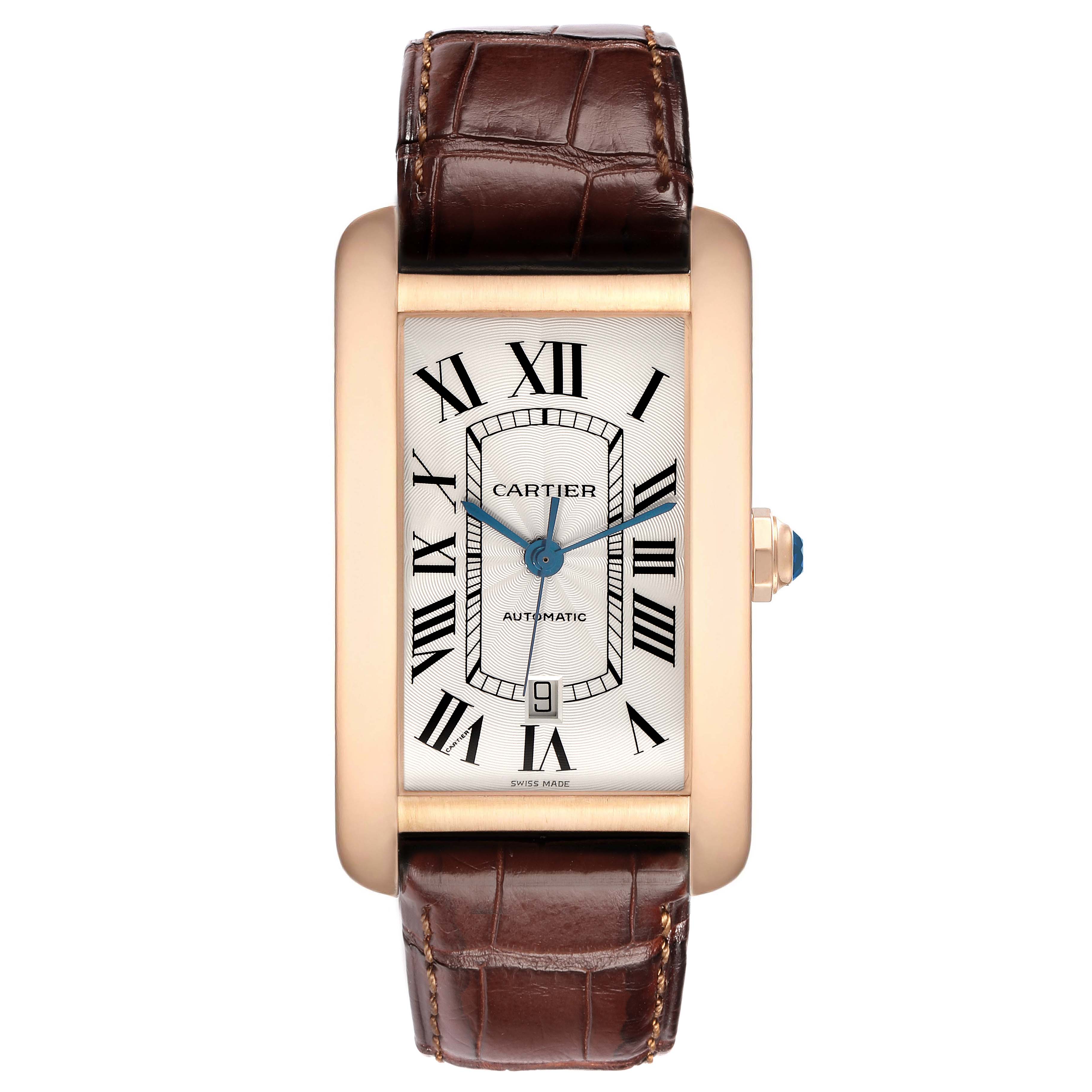 The Cartier Tank Americaine W2609856 Men
s Rose Gold Silver Dial watch is shown from a front angle, displaying its face, Roman numerals, and leather strap.