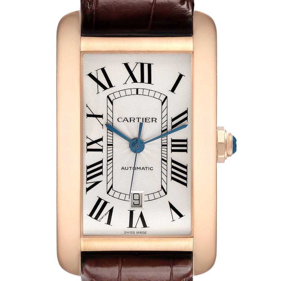 The Cartier Tank Américaine watch is shown from the front, highlighting its rectangular face, Roman numerals, and blue hands.