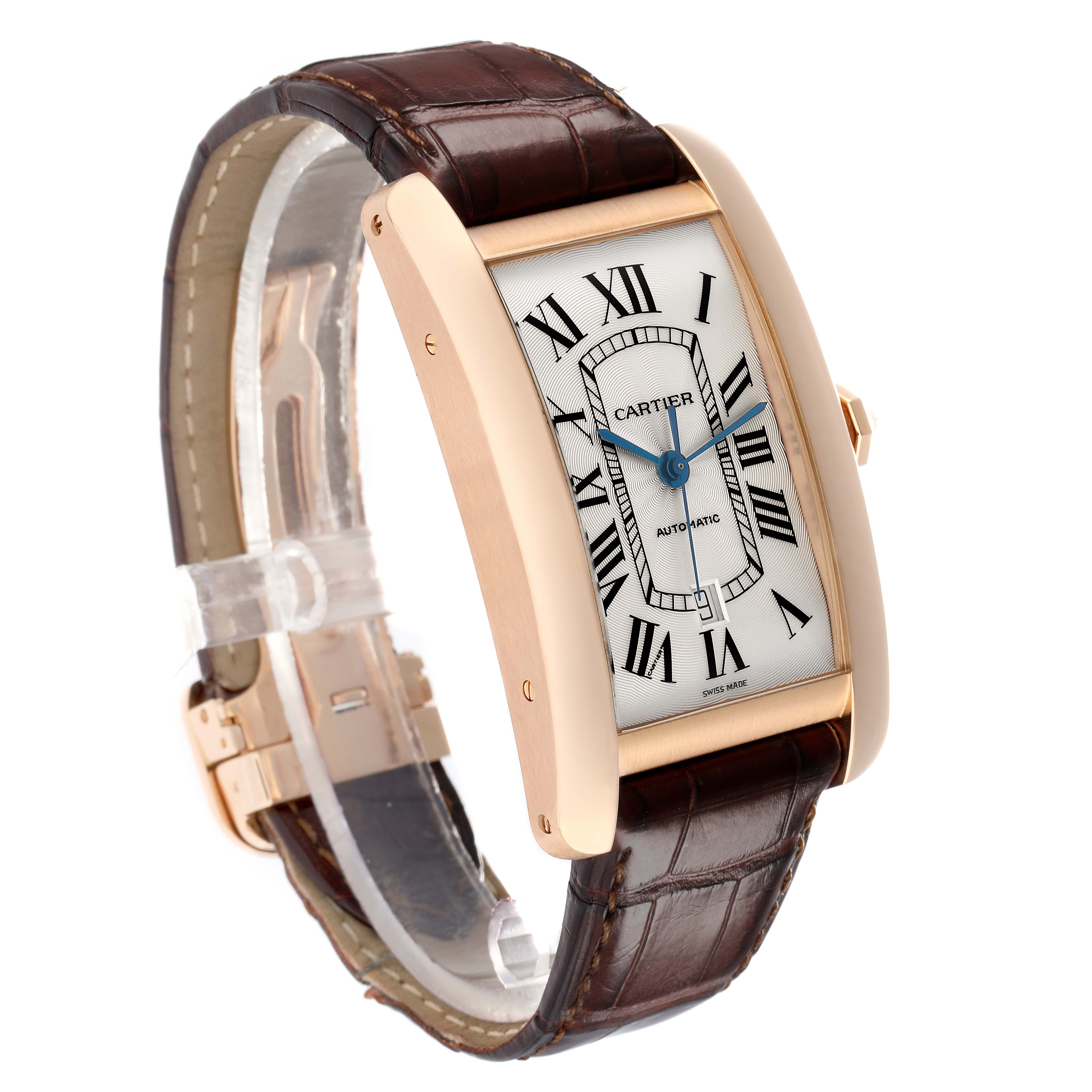 The Cartier Tank Américaine watch is shown at an angle highlighting the rectangular face, case, and brown leather strap.