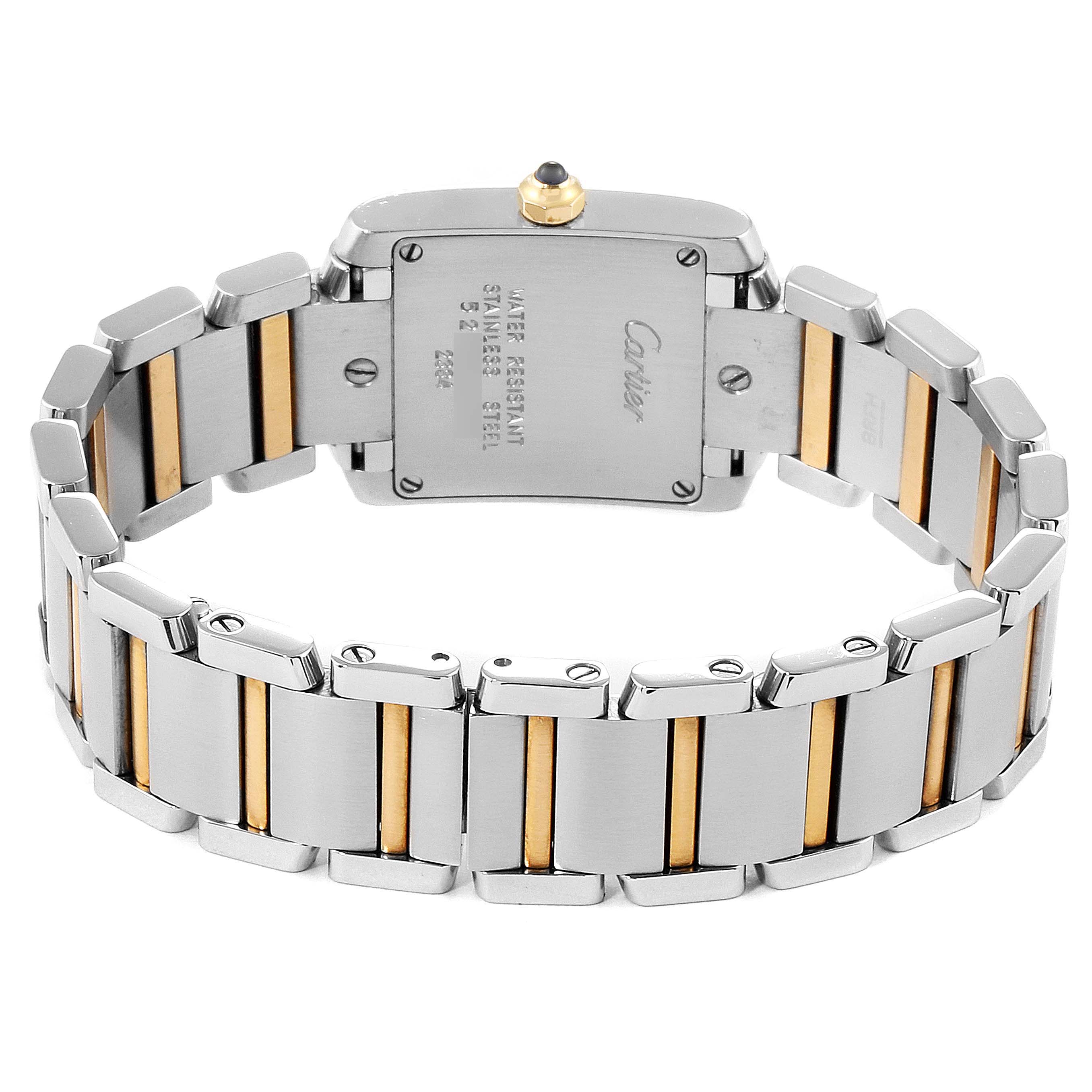 This image shows the back view of a Cartier Tank Francaise W51007Q4 Women's Steel and Gold (two tone) Silver Dial W51007Q4 Women's Steel and Gold (two tone) Silver Dial watch, highlighting the stainless steel and gold bracelet.