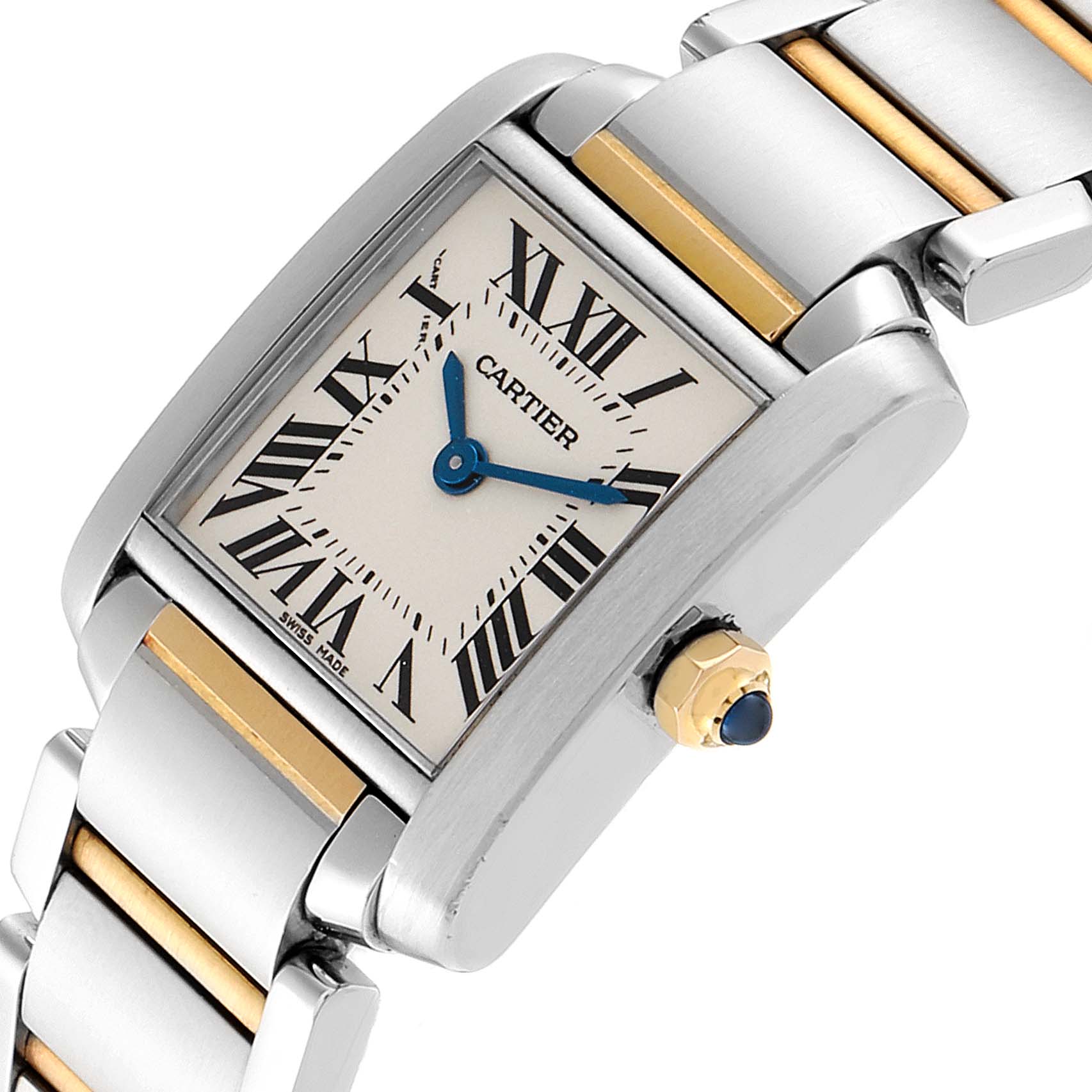 This image showcases the face, crown, and part of the bracelet of the Tank Francaise model by Cartier.