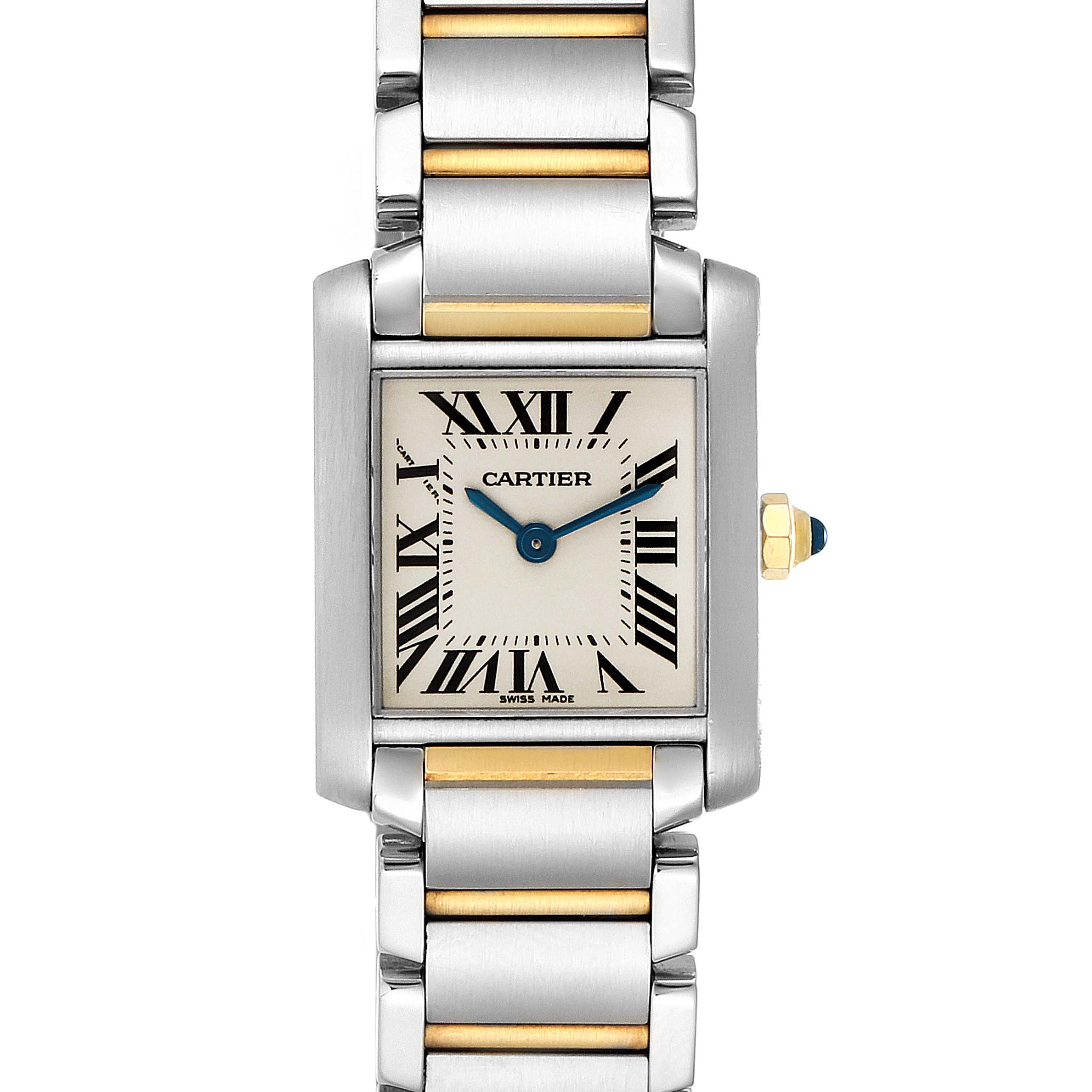 This image shows a front view of the Cartier Tank Francaise W51007Q4 Women's Steel and Gold (two tone) Silver Dial W51007Q4 Women's Steel and Gold (two tone) Silver Dial watch, displaying the face, bracelet, and crown.