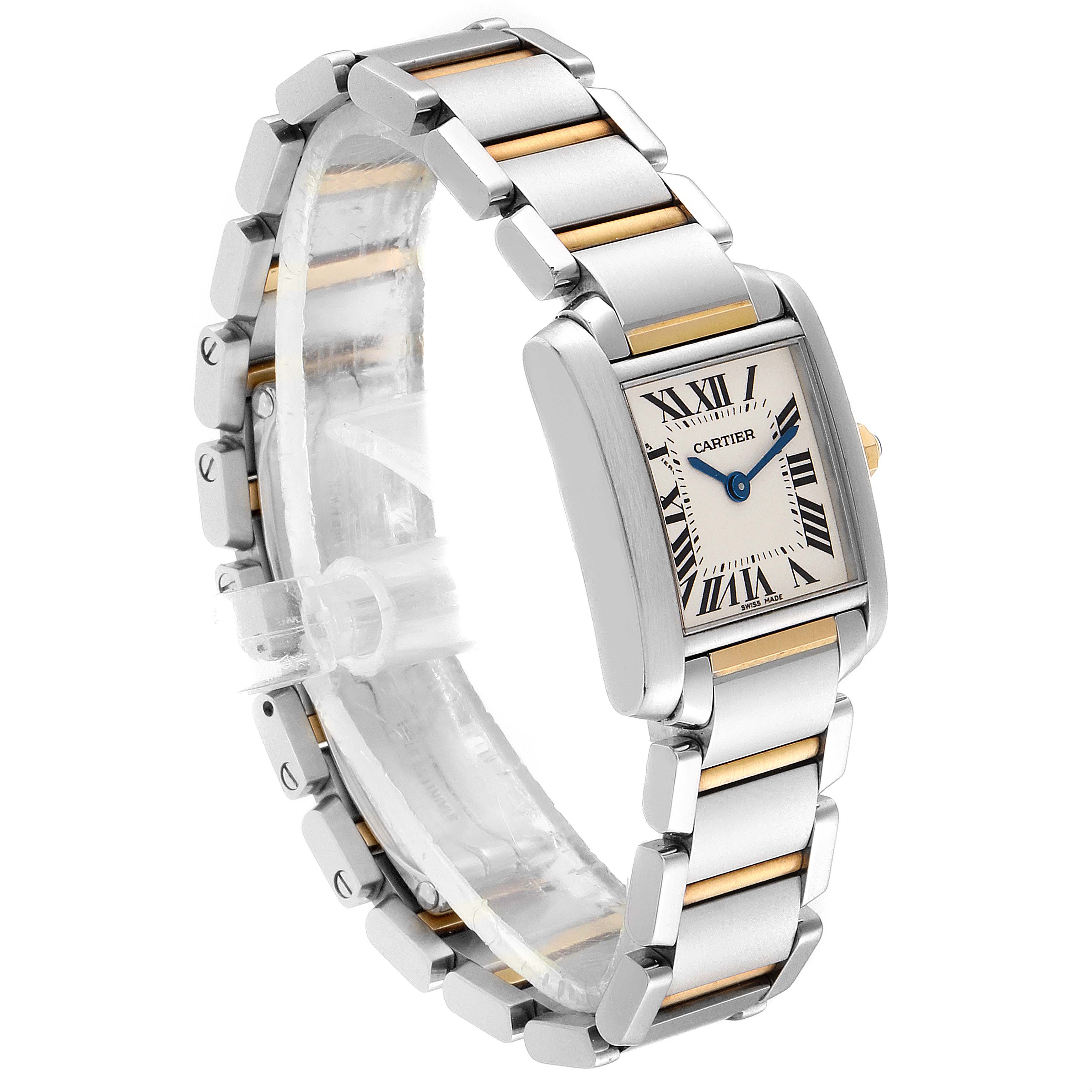 The image shows a Cartier Tank Francaise W51007Q4 Women's Steel and Gold (two tone) Silver Dial W51007Q4 Women's Steel and Gold (two tone) Silver Dial watch from a three-quarter angle, highlighting its two-tone bracelet and rectangular dial.