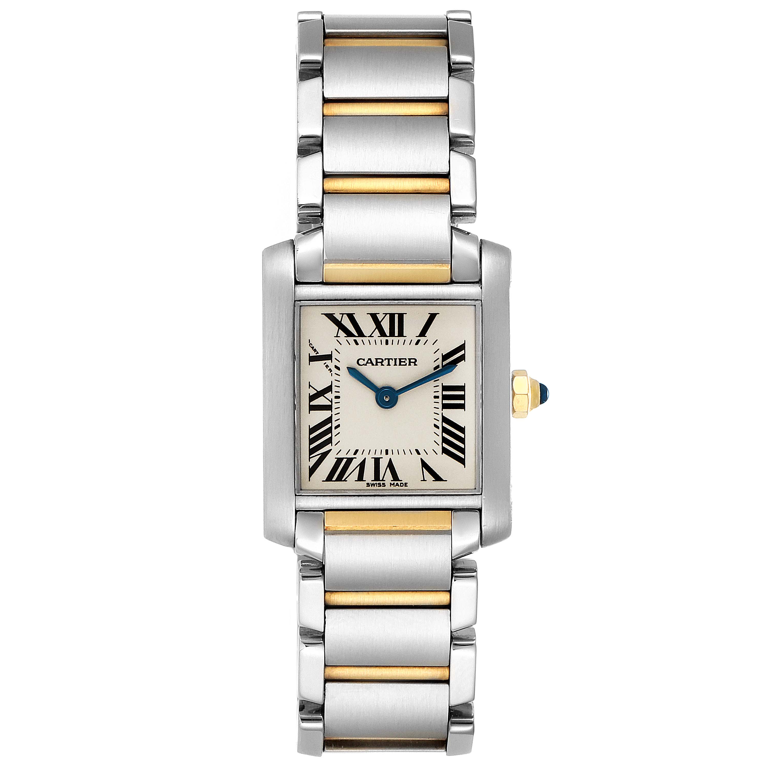The image shows a front view of the Cartier Tank Française watch, highlighting the face, dial, and bracelet.