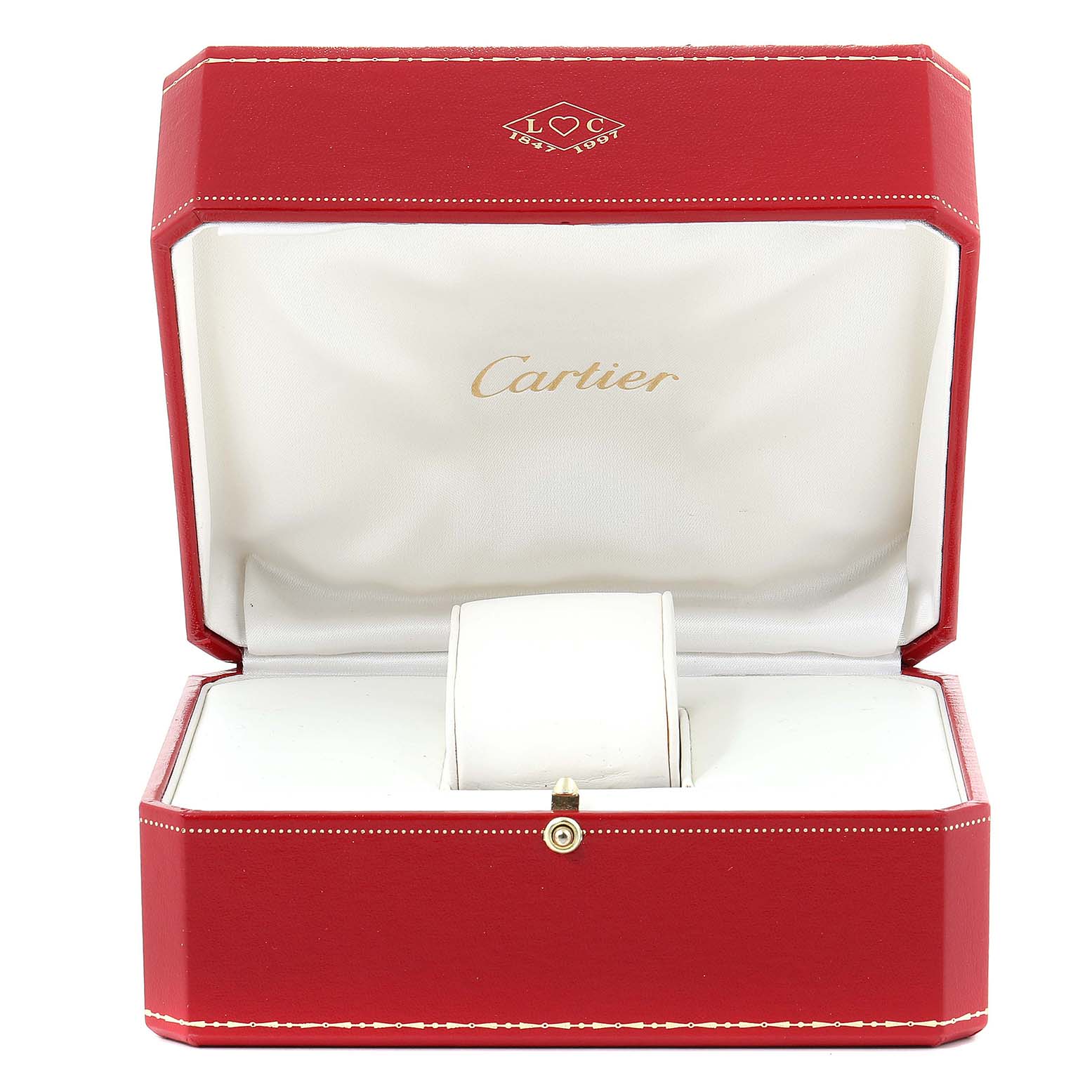 The image shows an open red Cartier watch box for the Tank Francaise model, featuring a white interior and a wrist cushion.