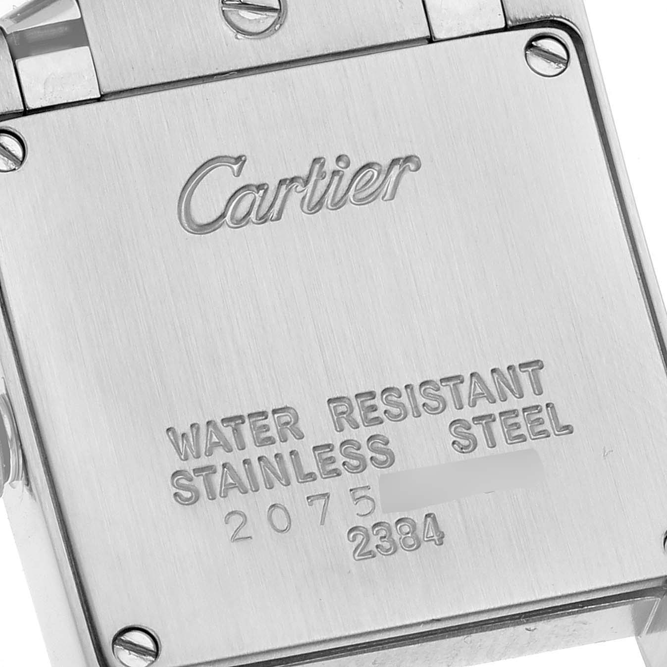 The image shows the back of the Cartier Tank Francaise W51008Q3 Women
s Stainless Steel Silver Dial W51008Q3 Women
s Stainless Steel Silver Dial watch, highlighting the water resistance and stainless steel details.