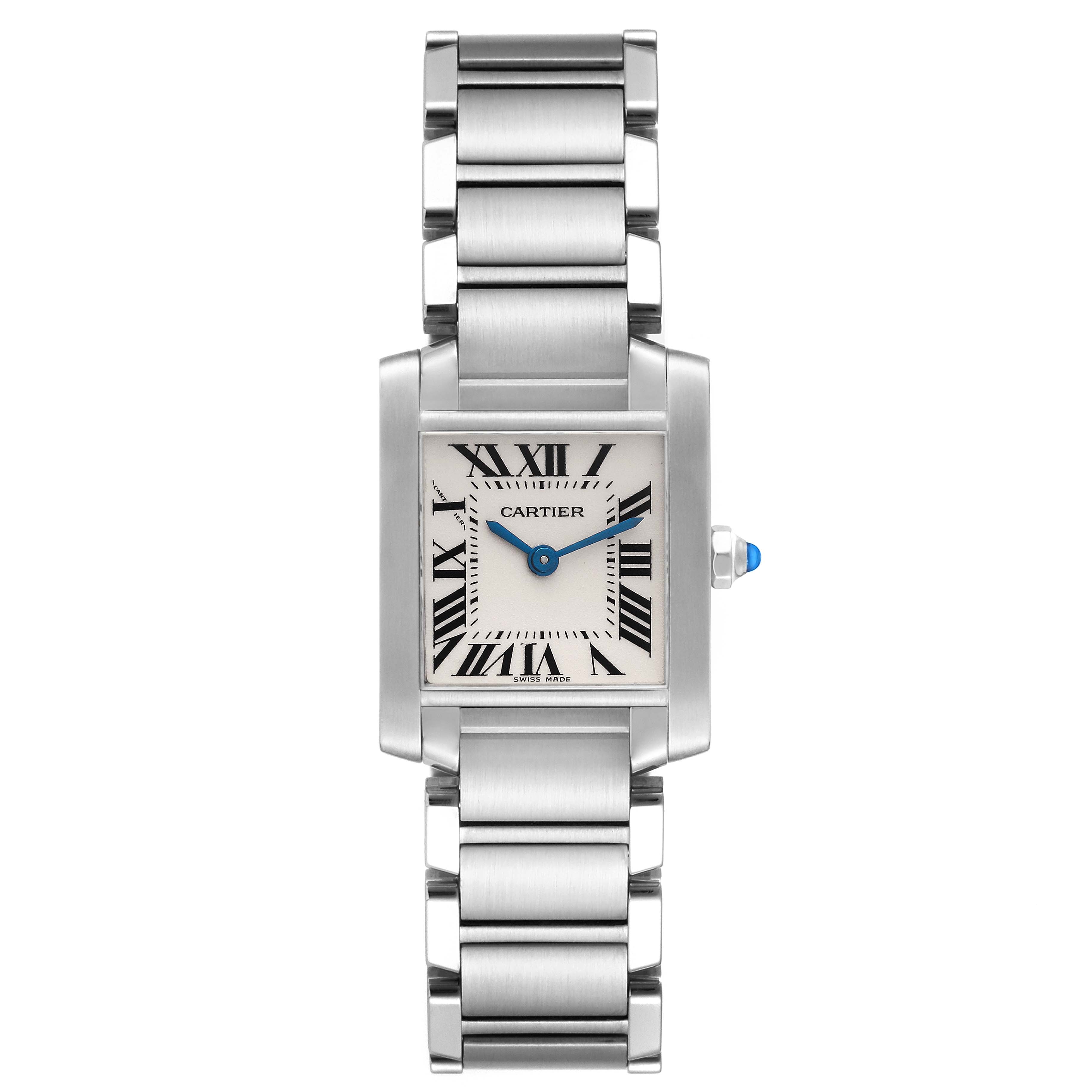 The image shows a Cartier Tank Francaise W51008Q3 Women
s Stainless Steel Silver Dial W51008Q3 Women
s Stainless Steel Silver Dial watch from a front angle, displaying its face and complete metal bracelet.