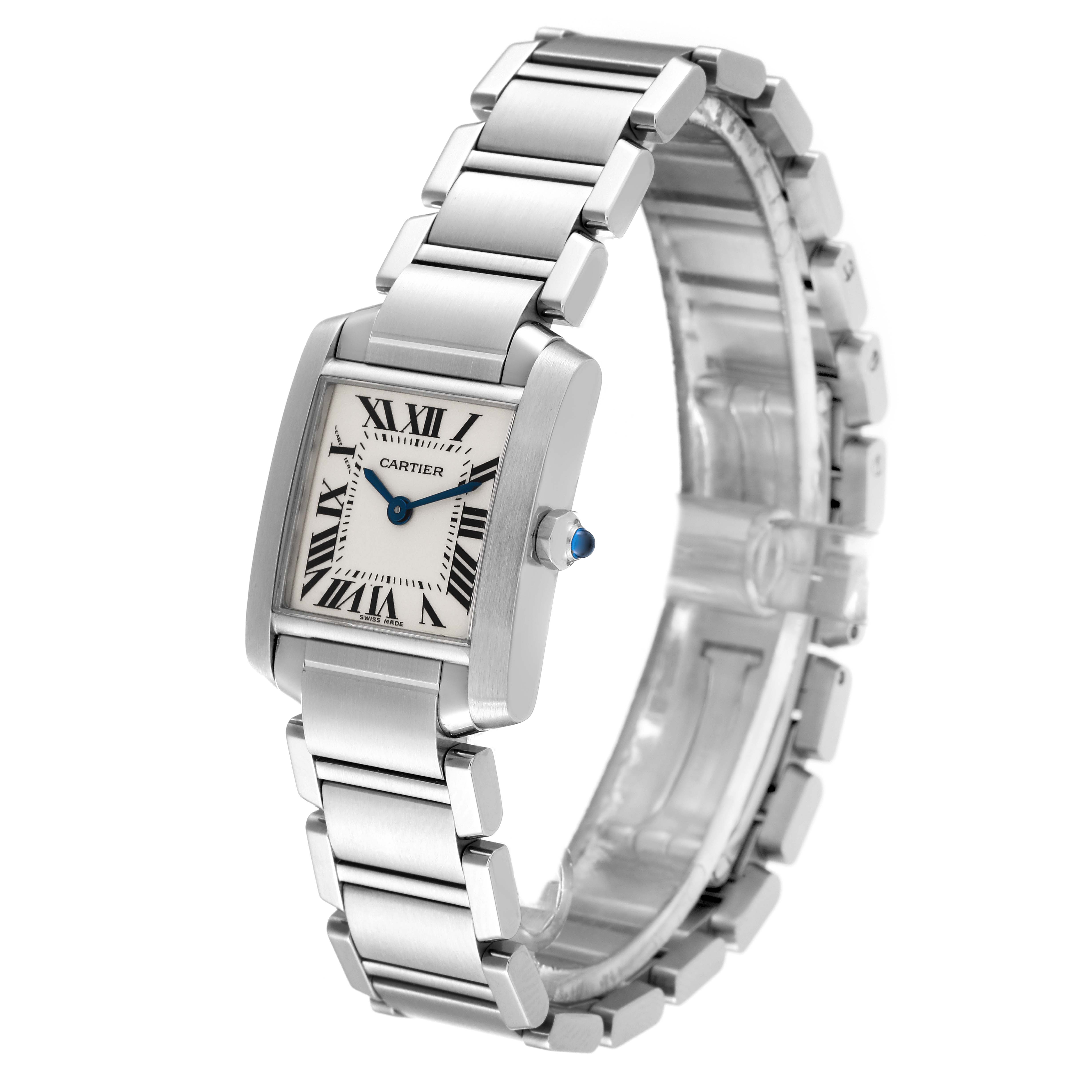 The image shows a Cartier Tank Francaise W51008Q3 Women
s Stainless Steel Silver Dial W51008Q3 Women
s Stainless Steel Silver Dial watch angled to display the face, crown, and bracelet.
