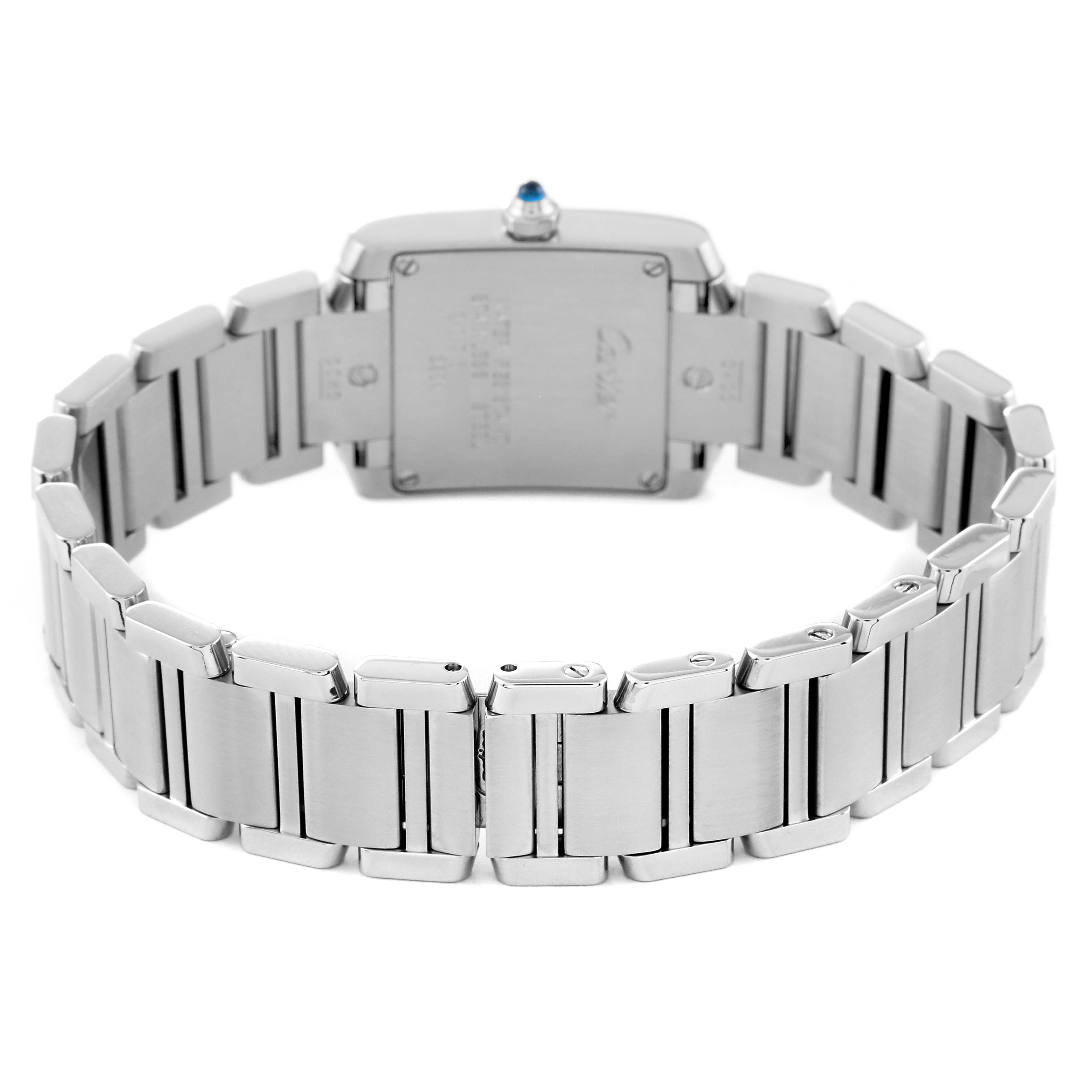 This image shows the back view of a Cartier Tank Francaise W51008Q3 Women
s Stainless Steel Silver Dial W51008Q3 Women
s Stainless Steel Silver Dial watch, highlighting its stainless steel bracelet and clasp.
