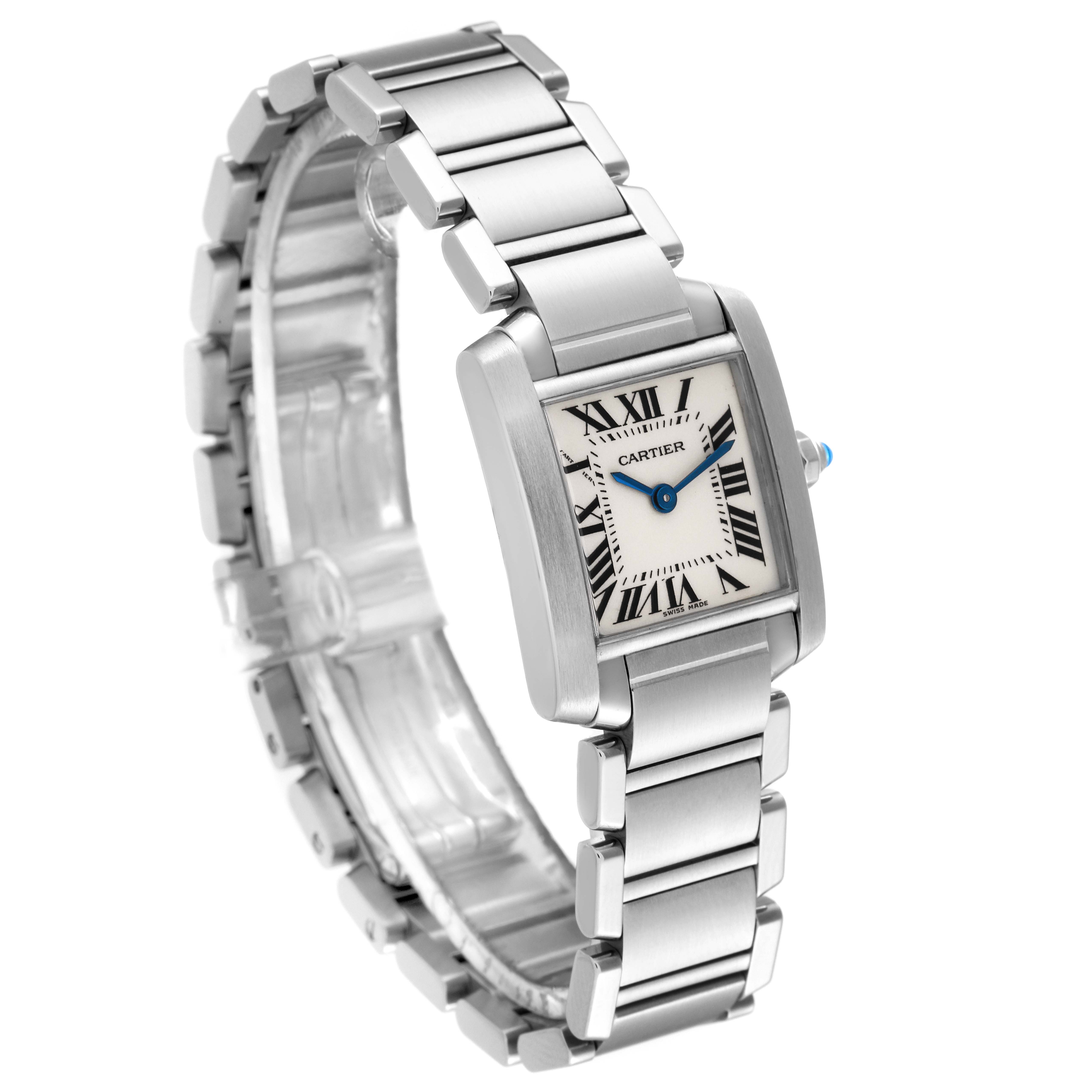 The image shows a lateral view of the Cartier Tank Française watch, highlighting its stainless steel bracelet and rectangular face.