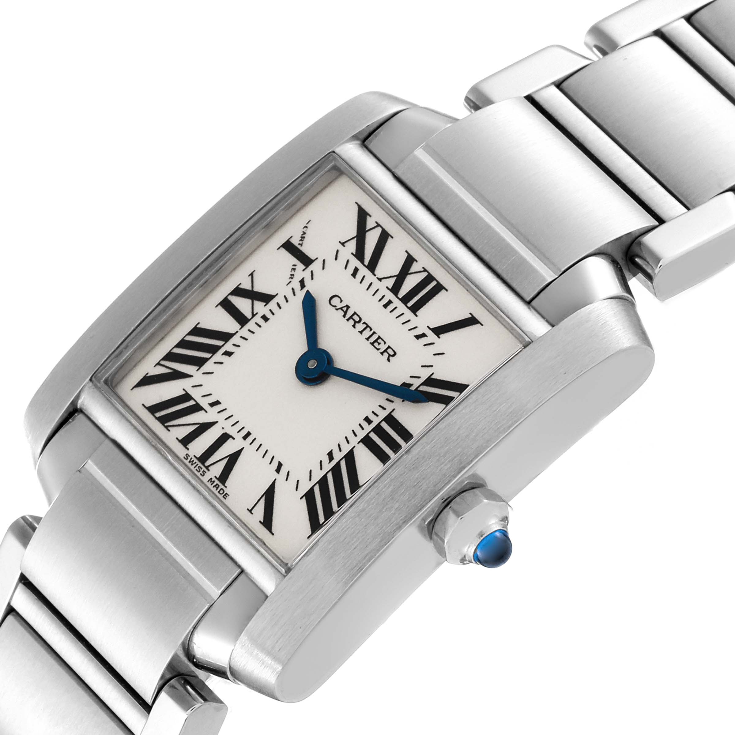 The Cartier Tank Francaise W51008Q3 Women
s Stainless Steel Silver Dial W51008Q3 Women
s Stainless Steel Silver Dial watch is shown at an oblique angle, highlighting its dial, bezel, and part of the bracelet.