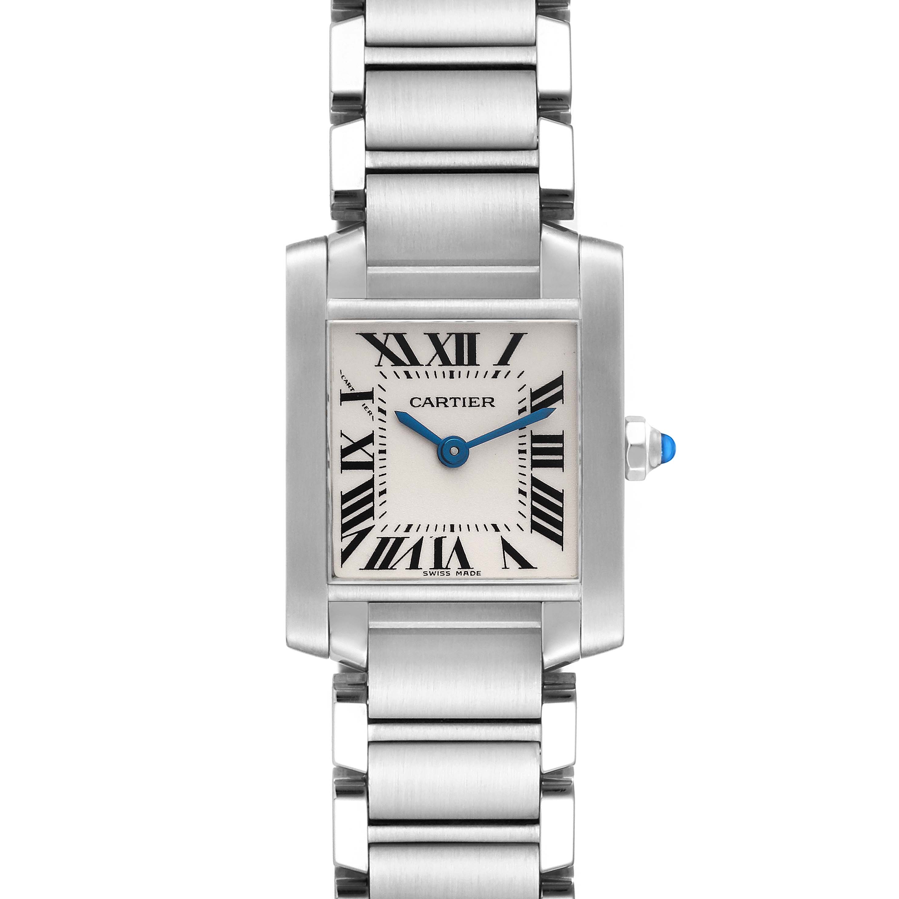 The image shows a head-on view of the Cartier Tank Francaise W51008Q3 Women
s Stainless Steel Silver Dial W51008Q3 Women
s Stainless Steel Silver Dial watch, displaying its face and metal bracelet.