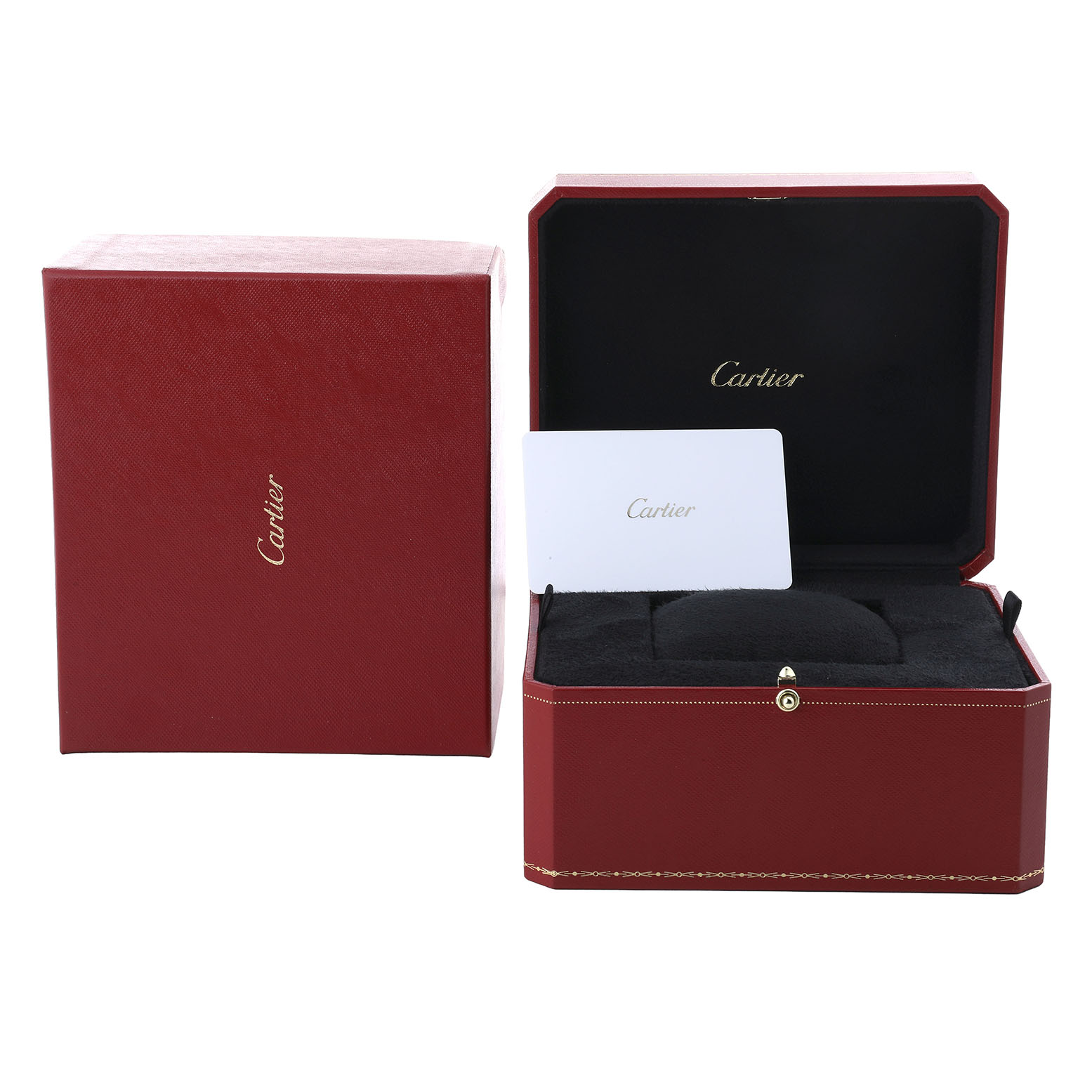 The image shows a Cartier Tank Francaise W4TA0020 Women's Stainless Steel Silver Dial box and card, with the box open and visible from a frontal angle.