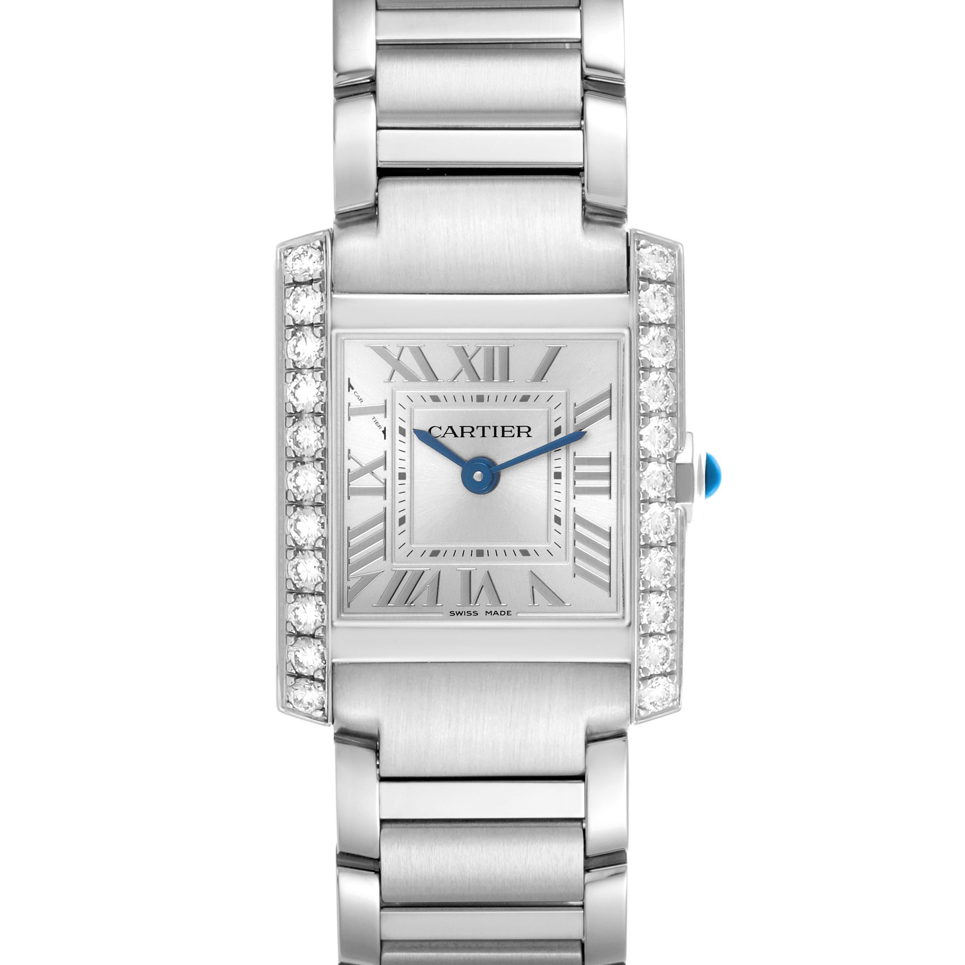 The Cartier Tank Française watch is shown from a front angle, highlighting its face, blue hands, and stainless steel bracelet with diamond accents.