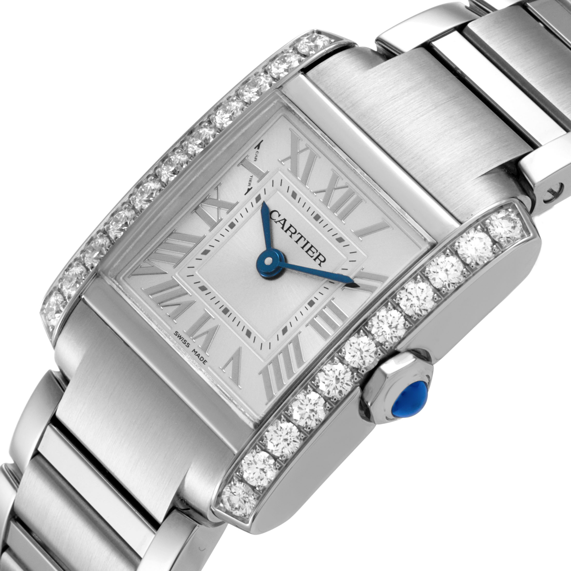 The Cartier Tank Française watch is shown at an angle highlighting the face, diamond-set bezel, and part of the bracelet.