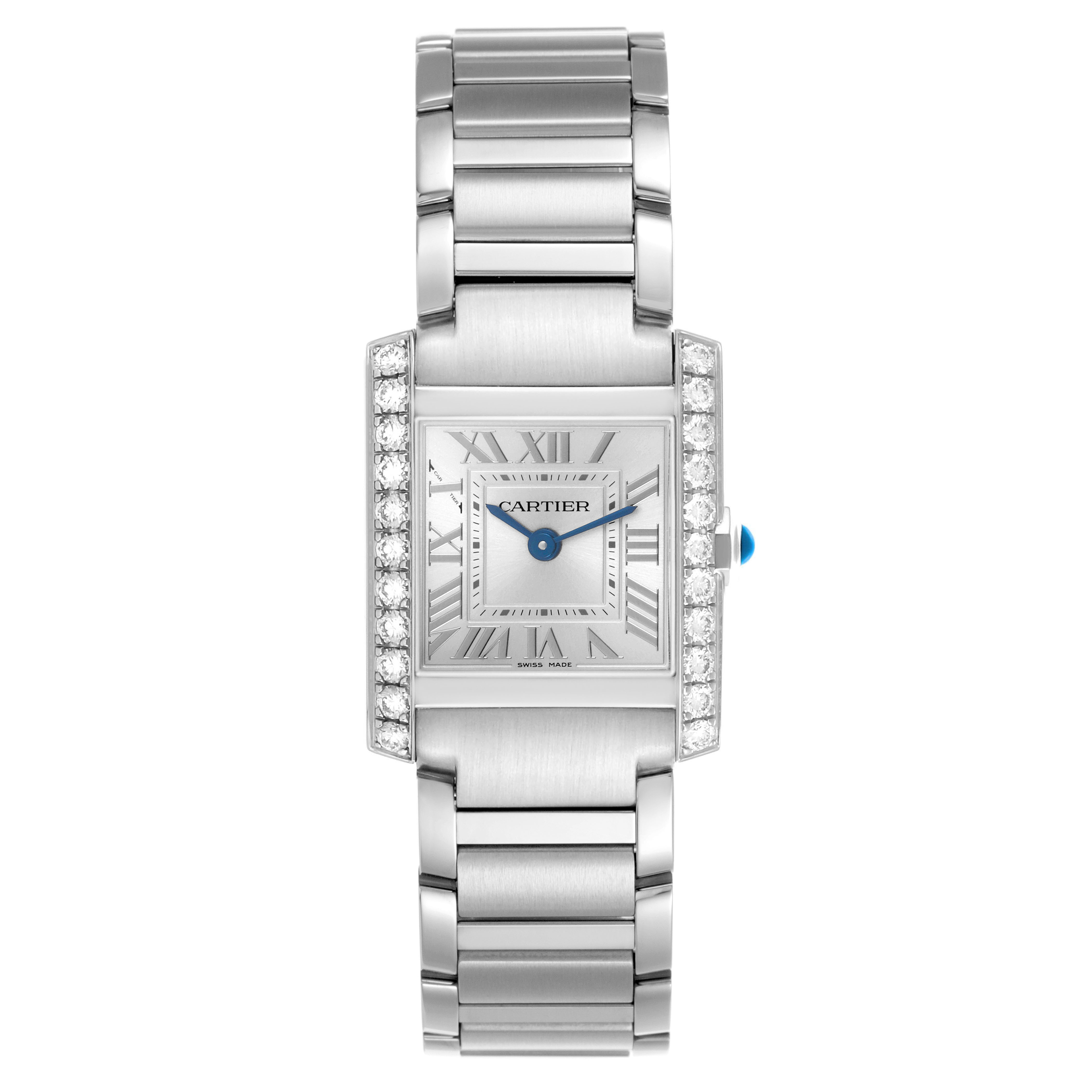 The Cartier Tank Francaise W4TA0020 Women's Stainless Steel Silver Dial watch is shown from a top view, displaying the face, bracelet, and diamond-accented case.