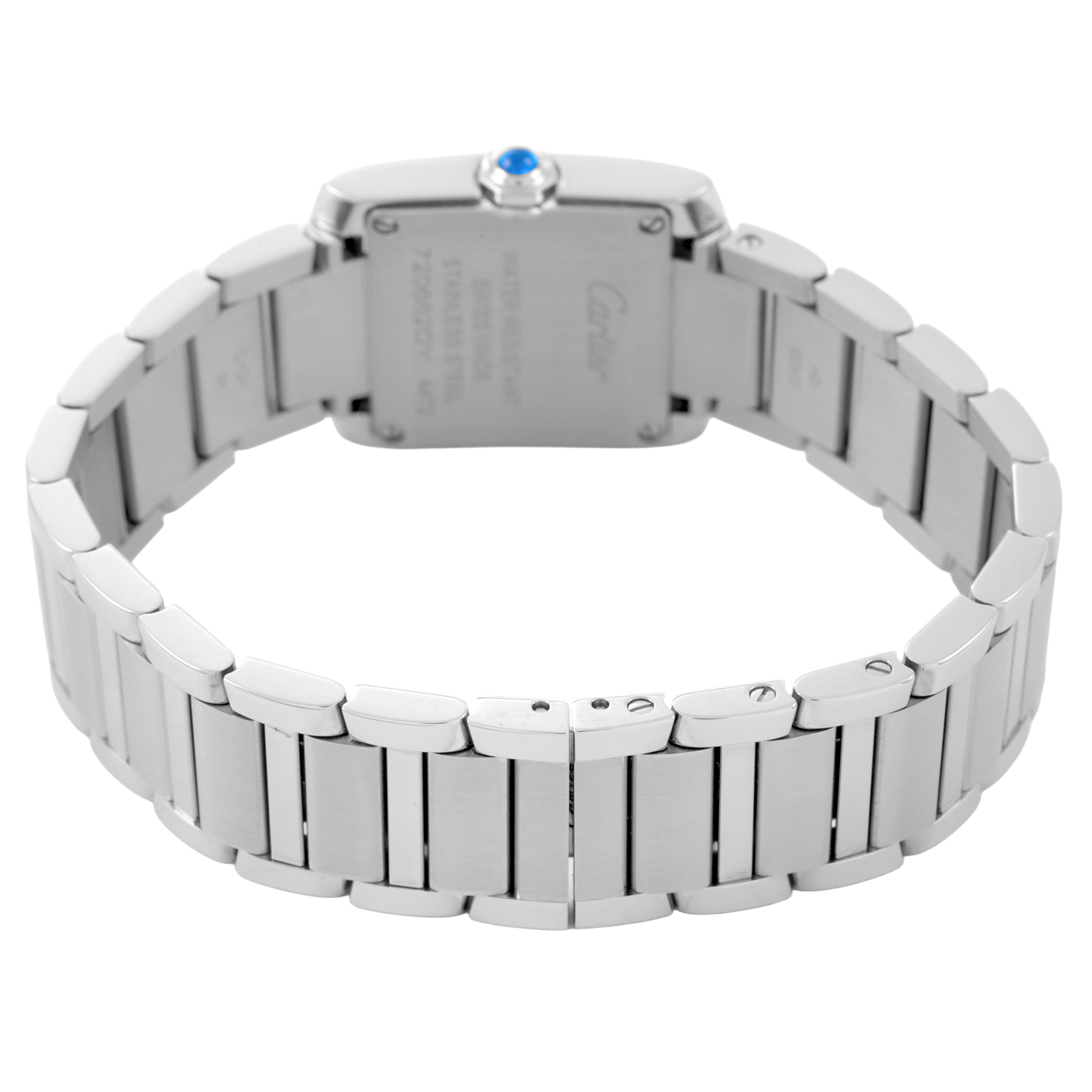 The image shows the back view of the Cartier Tank Française watch, highlighting the stainless steel bracelet and case back.