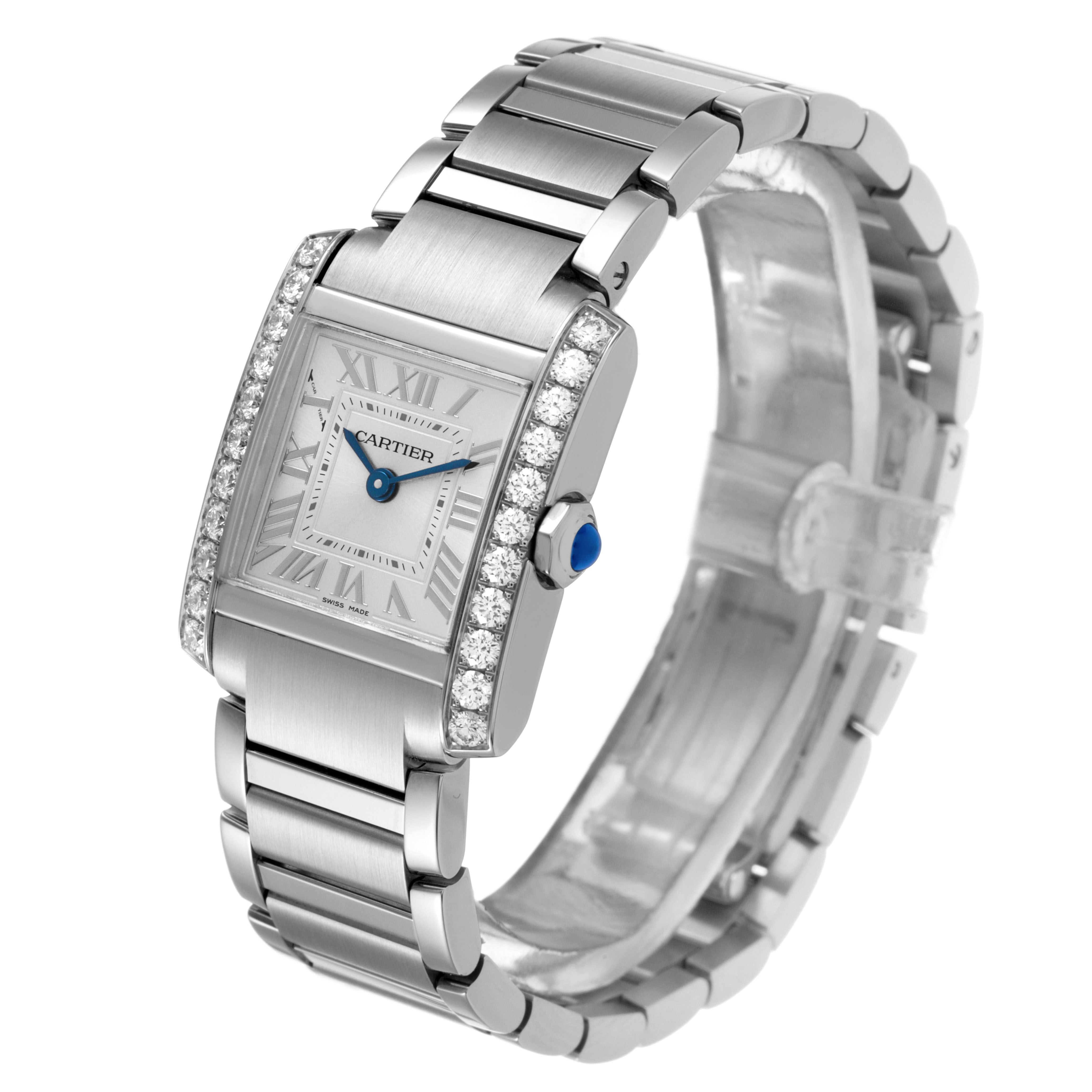 The Cartier Tank Française watch is shown from a three-quarter angle, highlighting the face, bezel, and bracelet links.