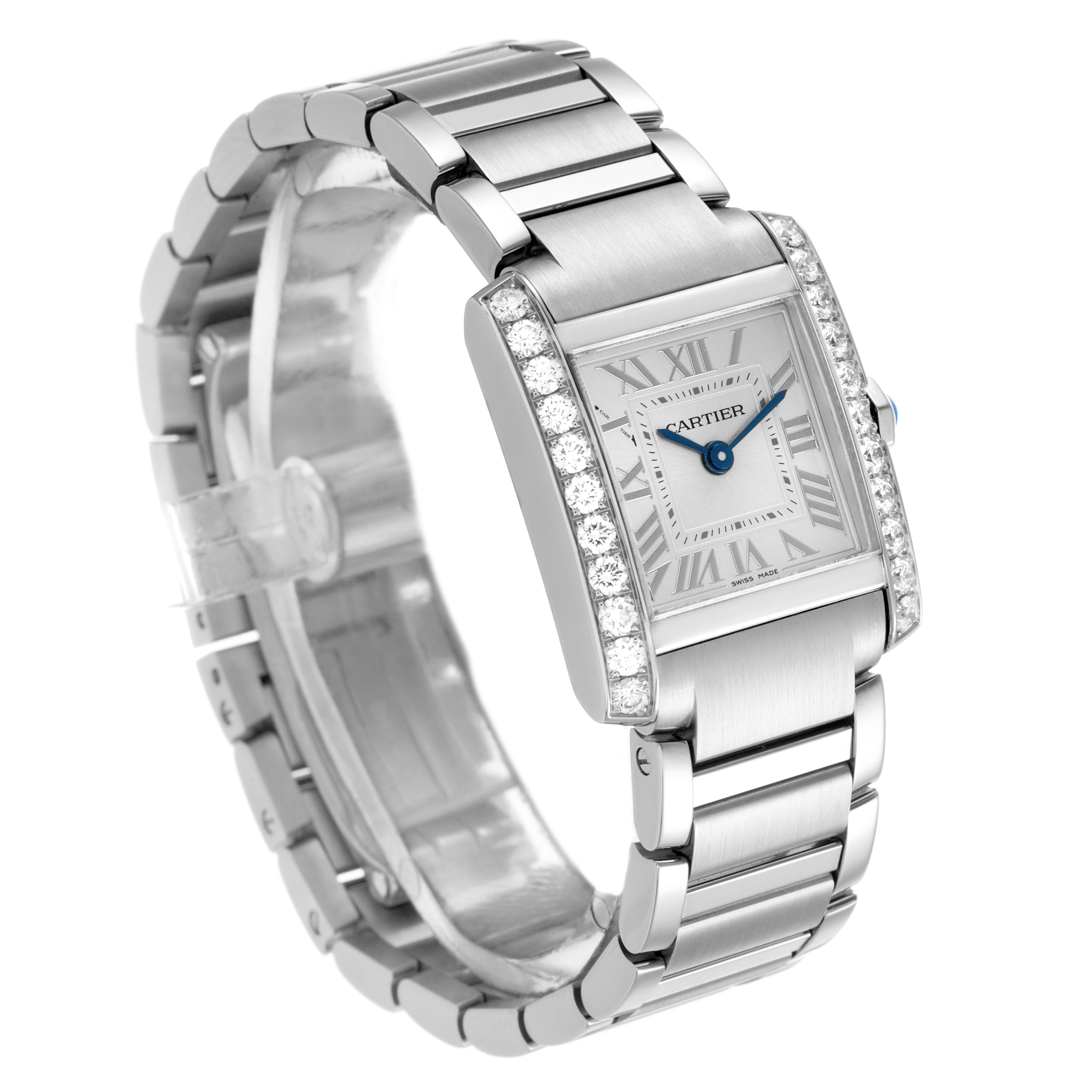 The Cartier Tank Française watch is shown at a three-quarter angle, highlighting its rectangular face, diamond bezel, and bracelet.