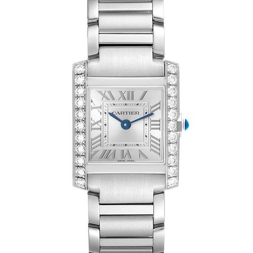 The Cartier Tank Francaise W4TA0020 Women's Stainless Steel Silver Dial watch is shown from a front angle, highlighting its rectangular face, diamond bezel, and bracelet.