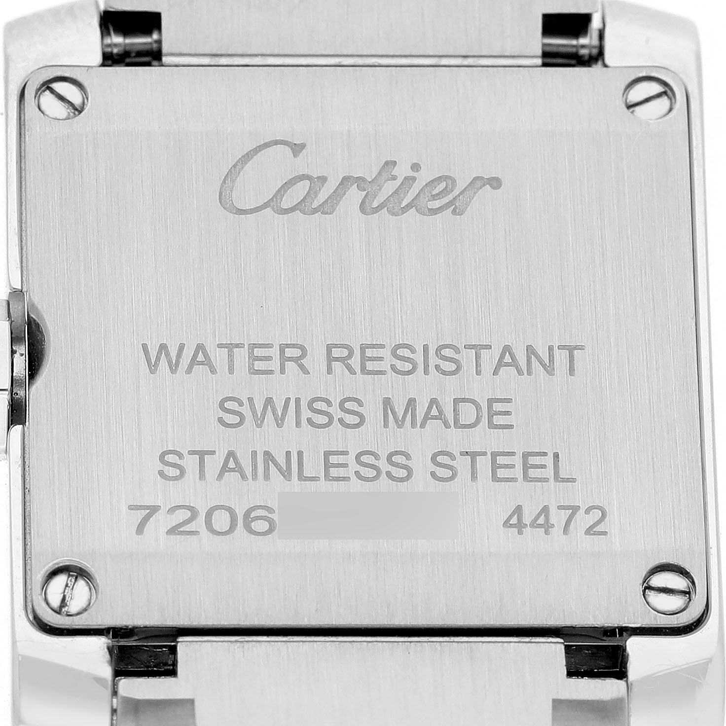 The image shows the back case of a Cartier Tank Française watch, highlighting its water resistance and material details.