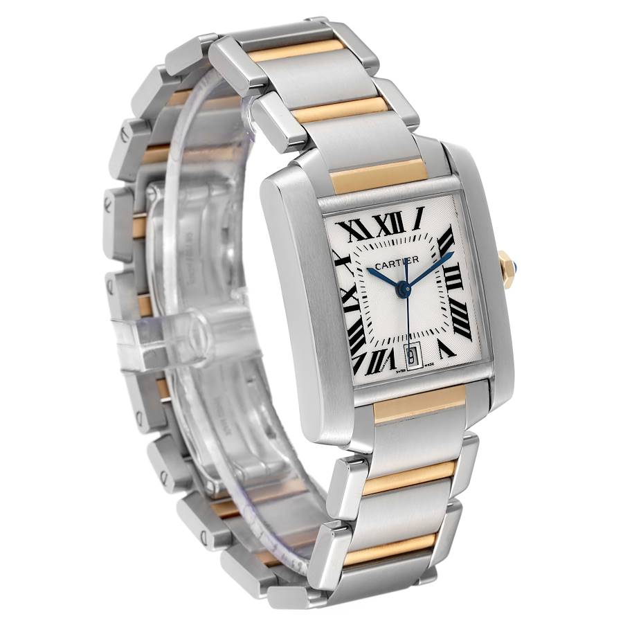 The image shows a Cartier Tank Française watch at an angle, highlighting its rectangular face and two-tone metal bracelet.