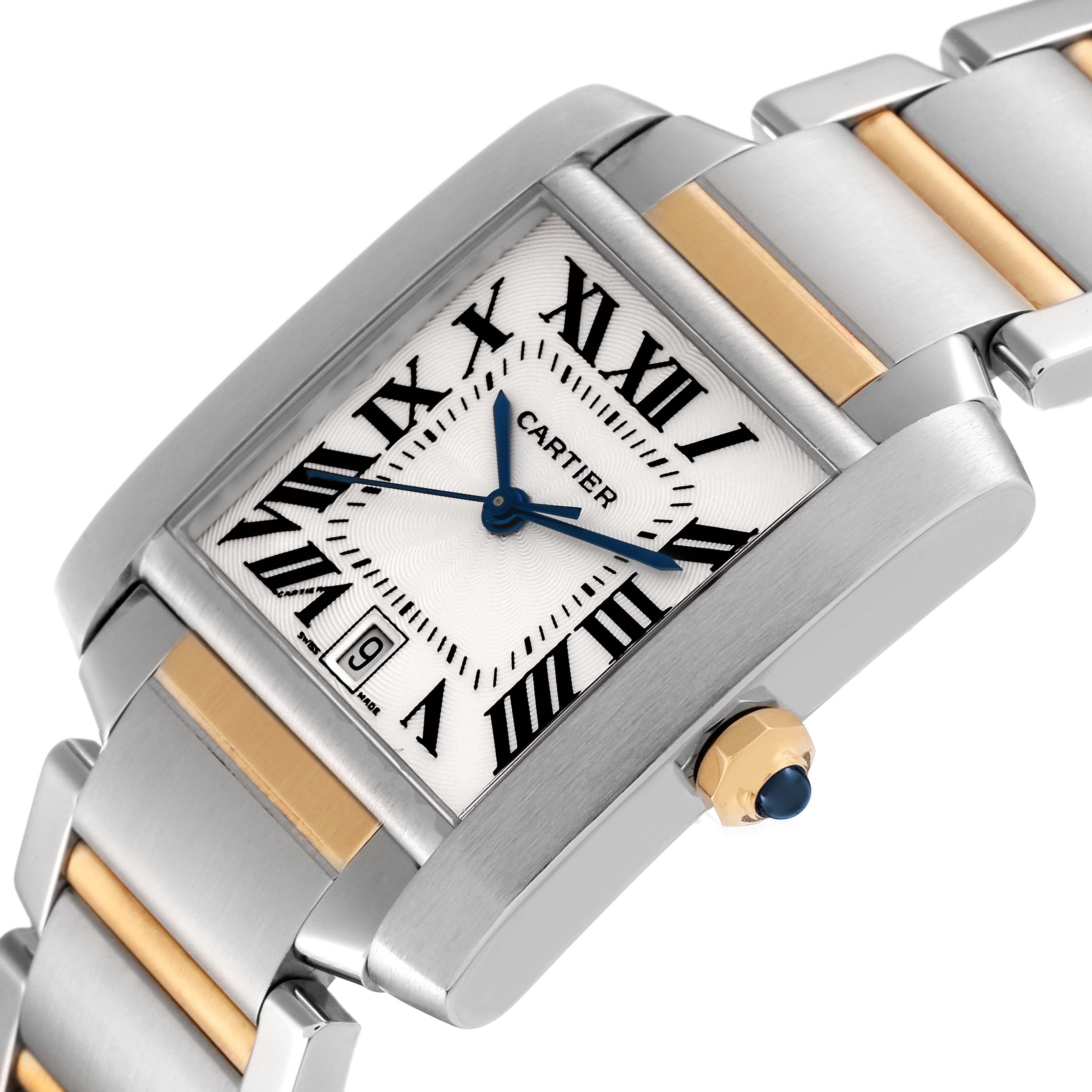 The image of the Cartier Tank Francaise W51005Q4 Men
s Steel and Gold (two tone) Silver Dial W51005Q4 Men
s Steel and Gold (two tone) Silver Dial watch shows a close-up, angled view, highlighting the dial, hands, crown, and bracelet.