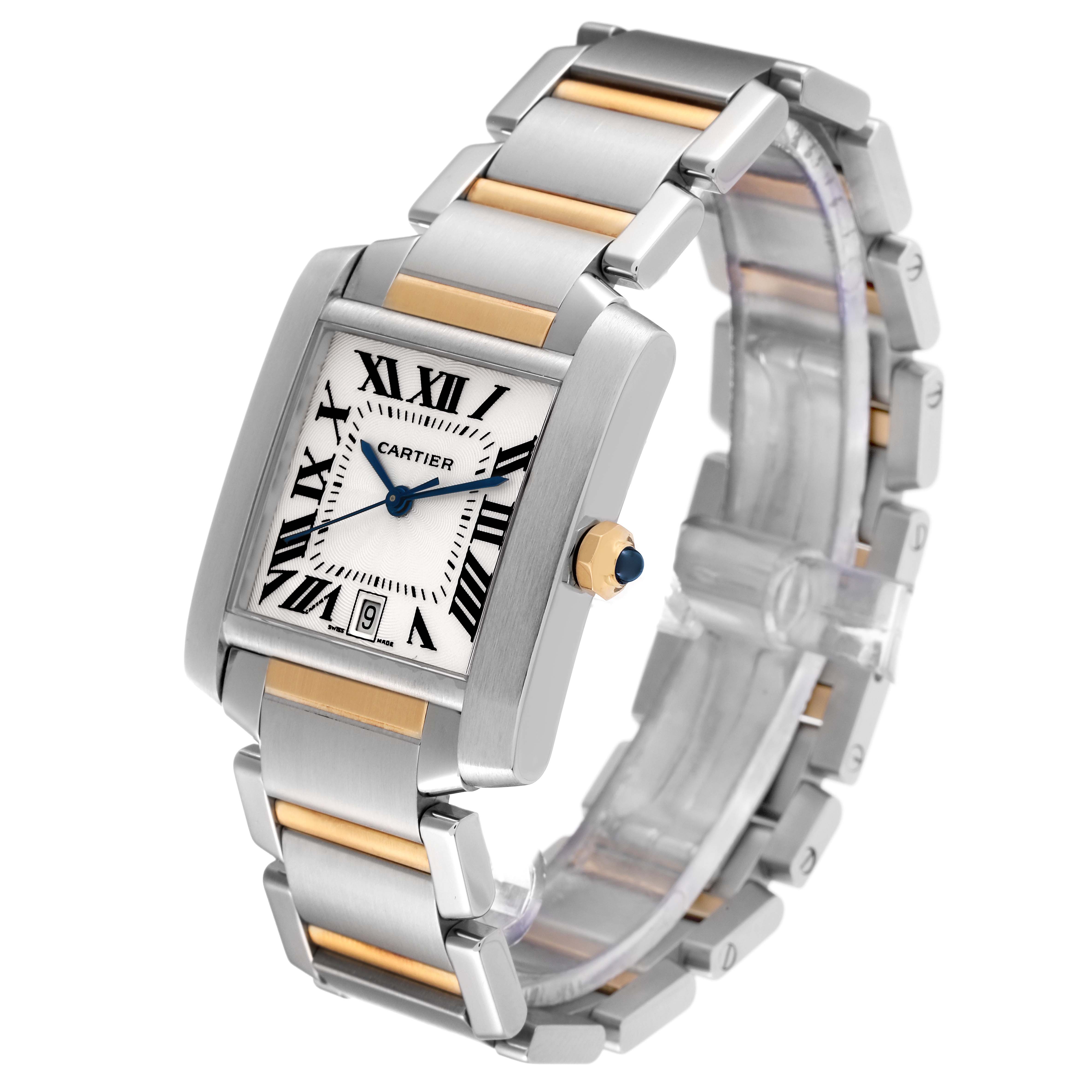 The image showcases a Cartier Tank Francaise W51005Q4 Men
s Steel and Gold (two tone) Silver Dial W51005Q4 Men
s Steel and Gold (two tone) Silver Dial watch from a front-right angle, highlighting the face and part of the bracelet.