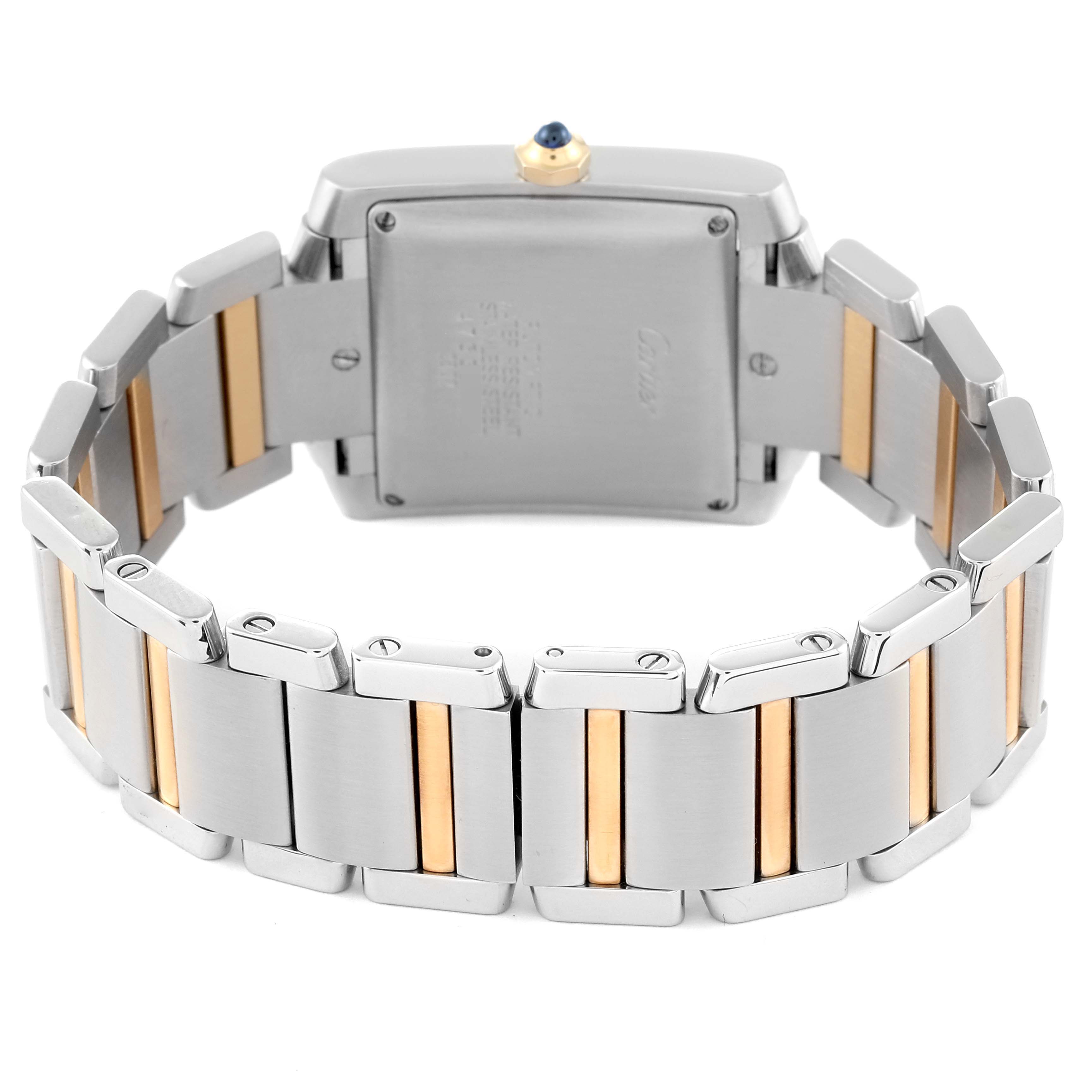 This image shows the back view and bracelet of a Cartier Tank Francaise W51005Q4 Men
s Steel and Gold (two tone) Silver Dial W51005Q4 Men
s Steel and Gold (two tone) Silver Dial watch, featuring steel and gold accents.