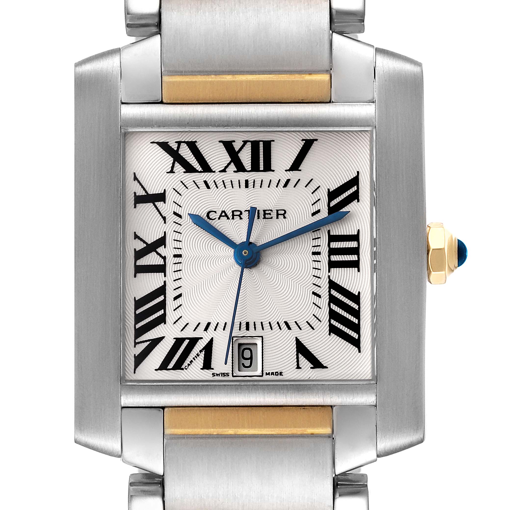 This image shows a close-up of the face of the Cartier Tank Francaise W51005Q4 Men
s Steel and Gold (two tone) Silver Dial W51005Q4 Men
s Steel and Gold (two tone) Silver Dial watch, highlighting its dial, hands, and Roman numeral markings.