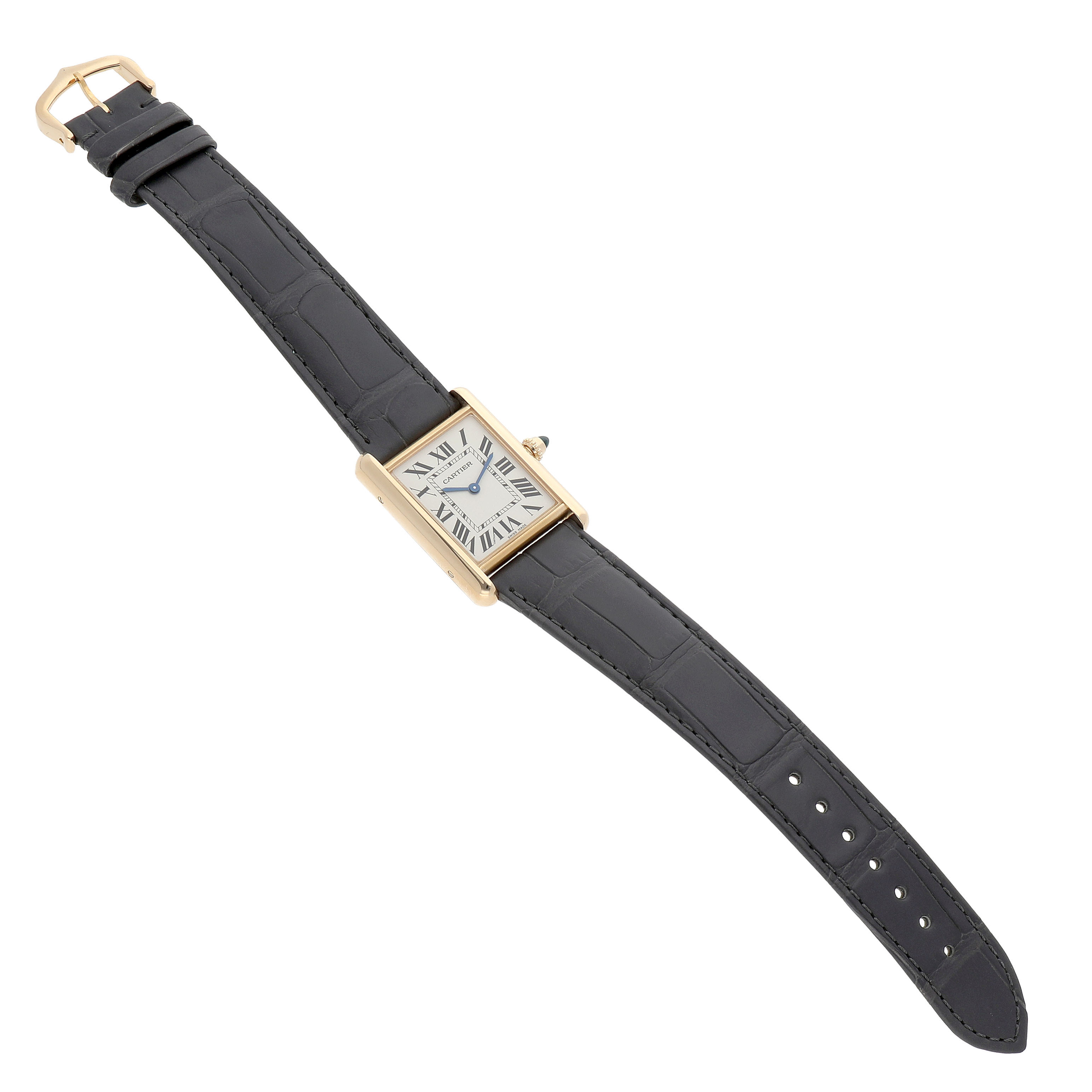 The Cartier Tank Louis WGTA0067 Men's Yellow Gold Silver Dial watch is shown from a top-down angle, highlighting the face, strap, and buckle.