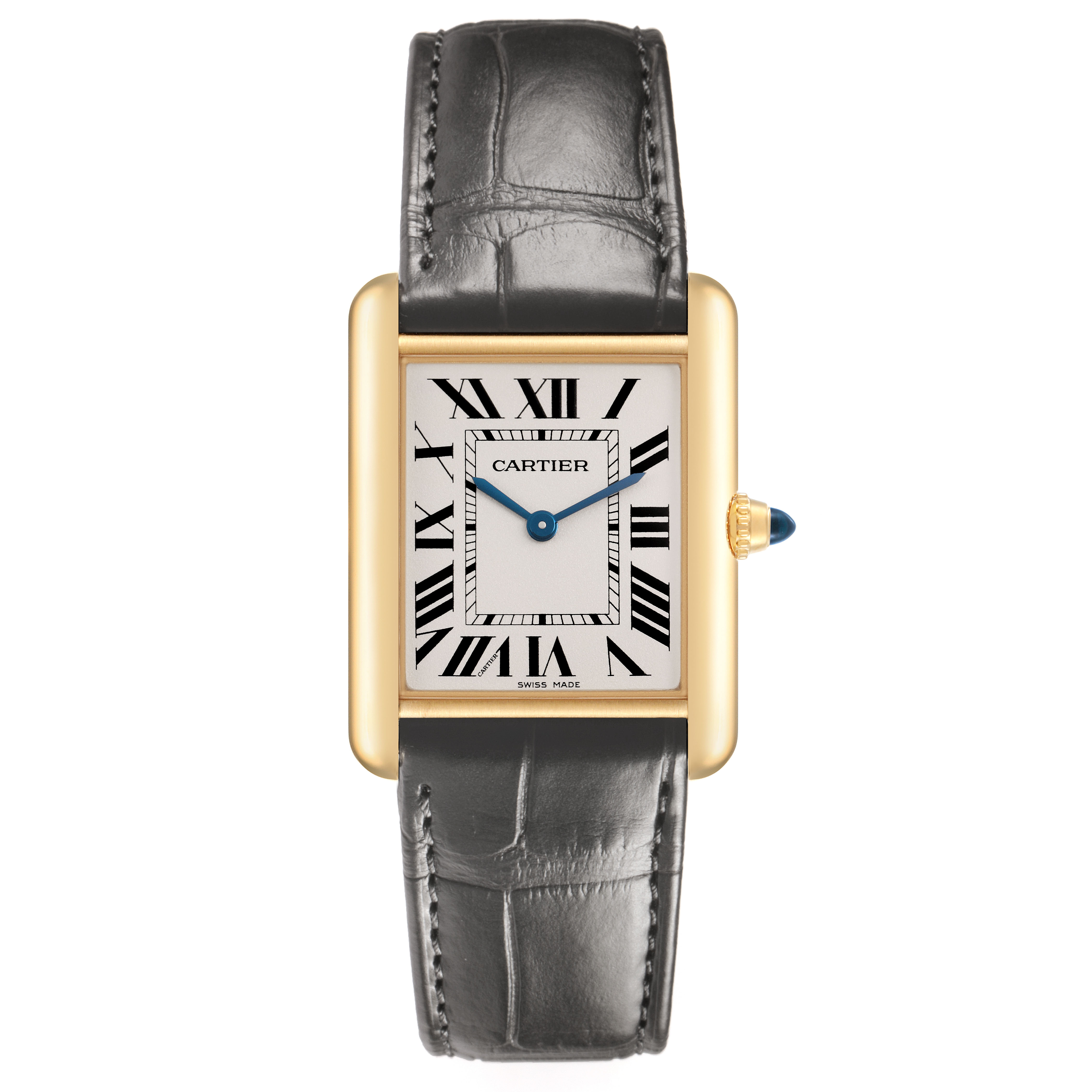 The Cartier Tank Louis WGTA0067 Men's Yellow Gold Silver Dial watch is shown from a front angle, featuring its rectangular dial and leather strap.