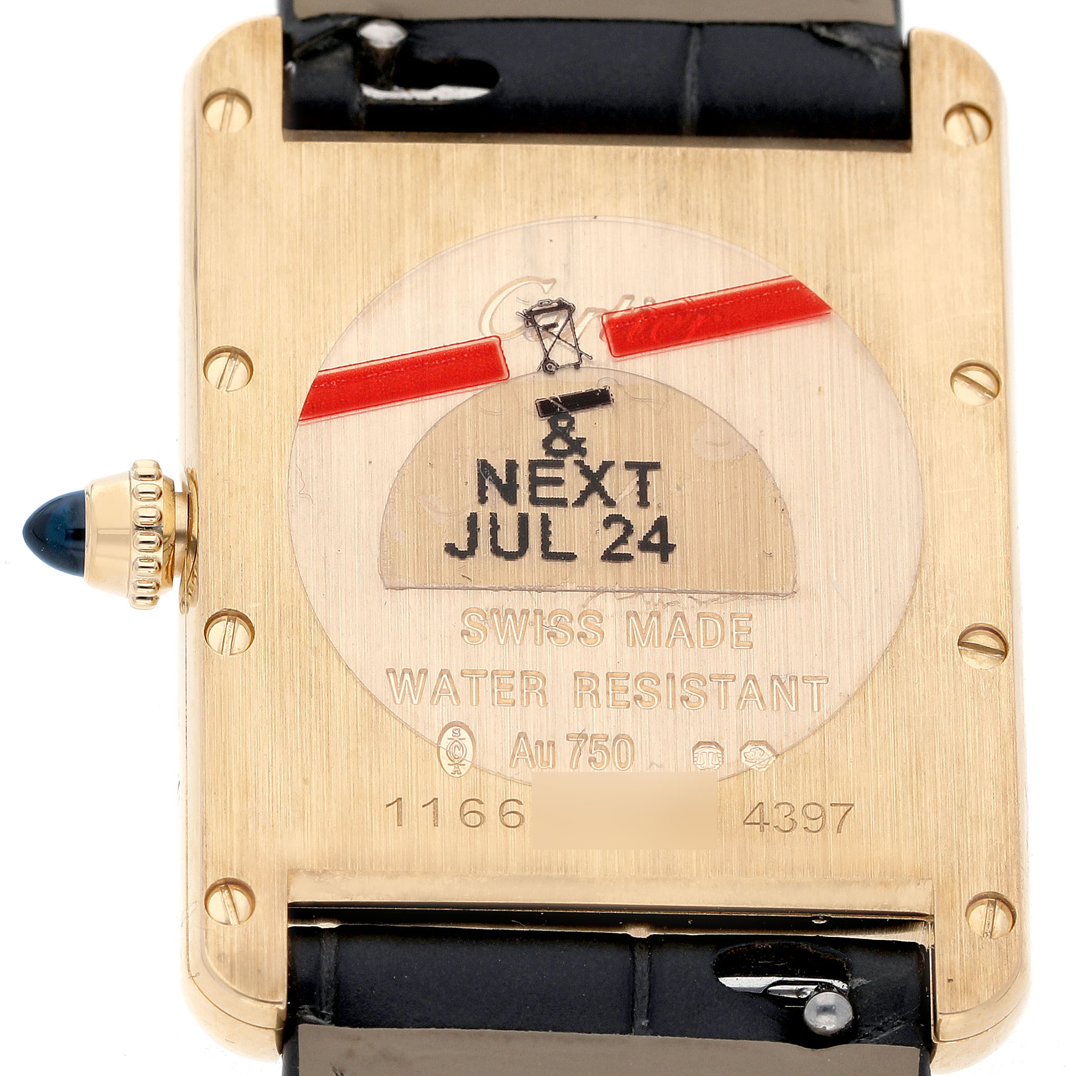 The image shows the back of a Cartier Tank Louis WGTA0067 Men's Yellow Gold Silver Dial watch, highlighting the gold case, screw details, and crown with a blue cabochon.