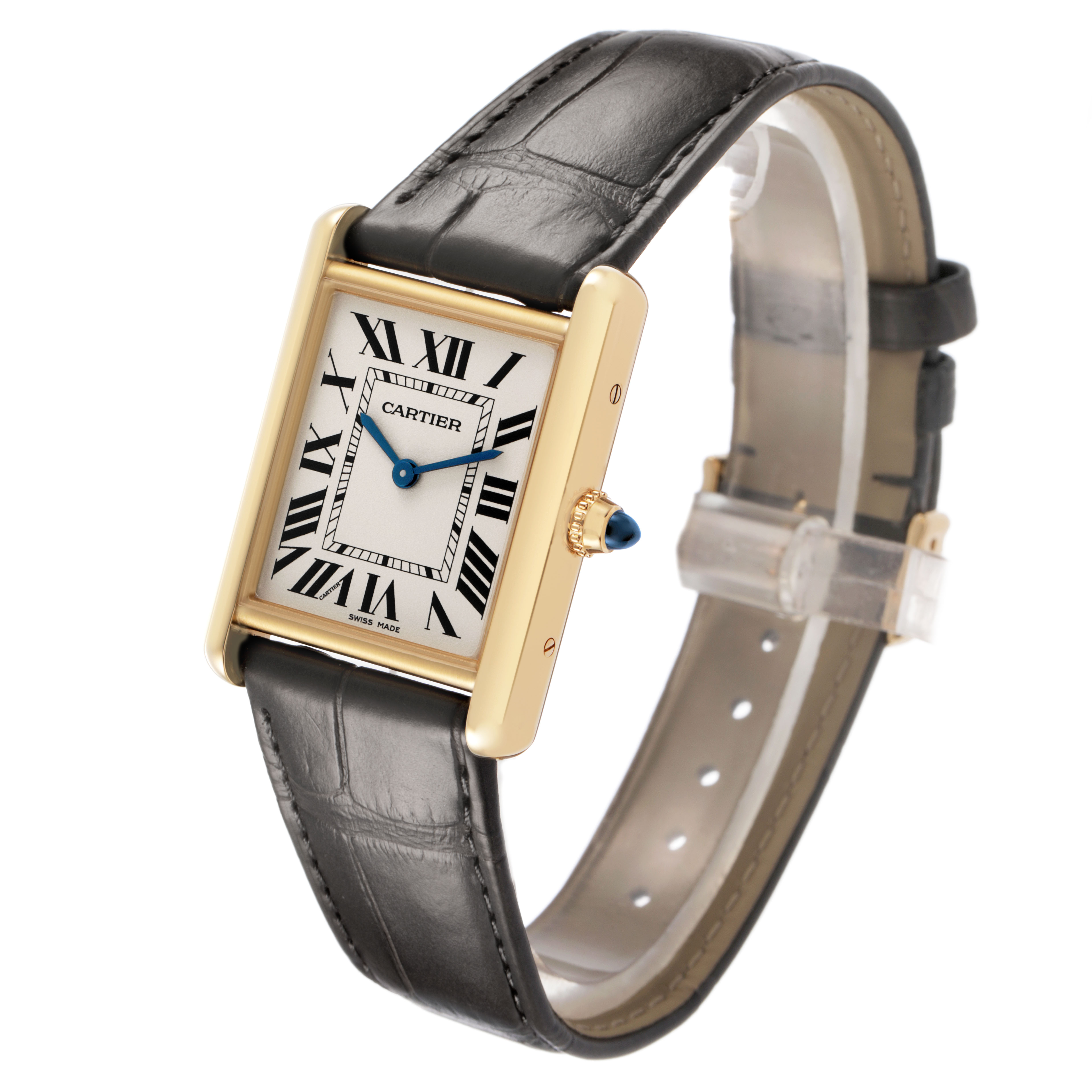 The image shows a Cartier Tank Louis WGTA0067 Men's Yellow Gold Silver Dial watch angled from the side, highlighting the face, crown, and strap.