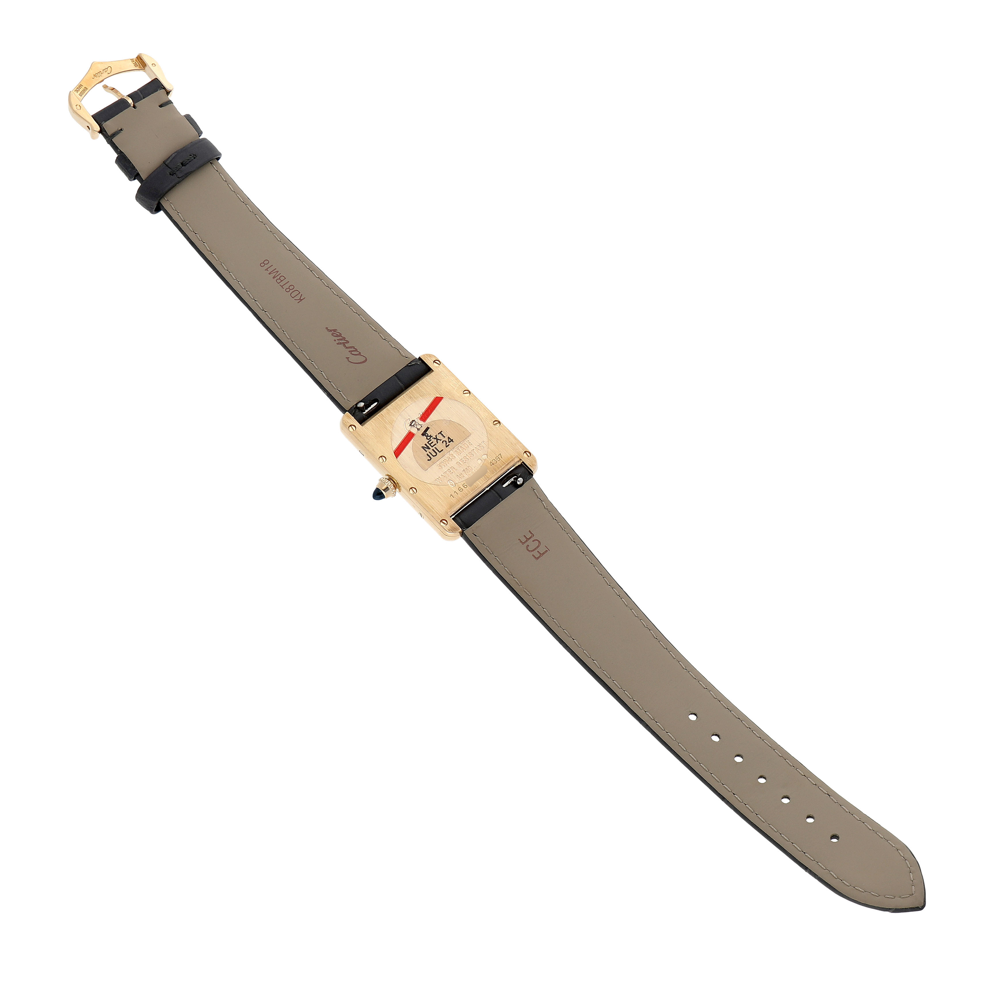 The image shows the back view of a Cartier Tank Louis WGTA0067 Men's Yellow Gold Silver Dial watch, highlighting the caseback, strap, and buckle.