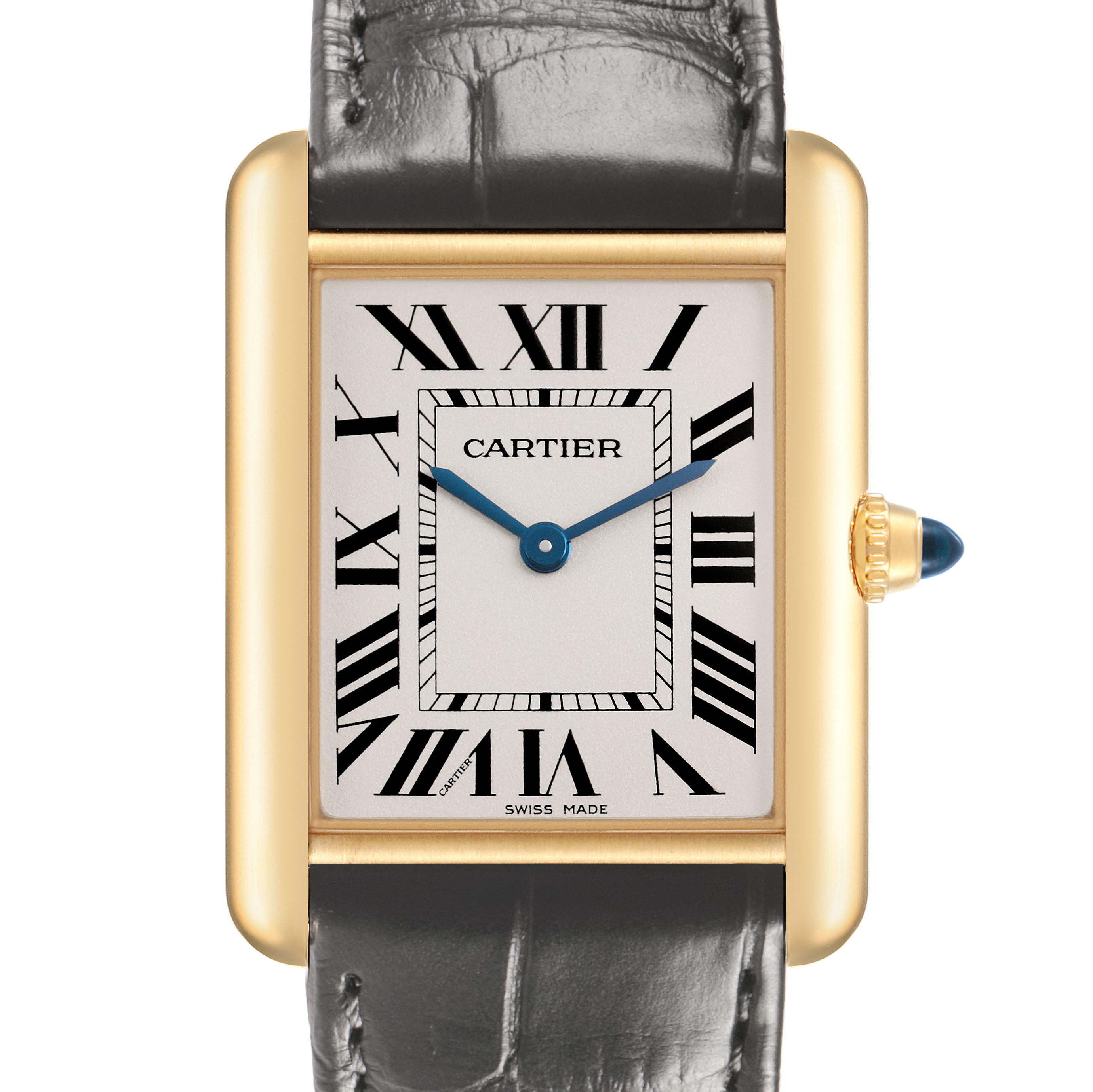 The Cartier Tank Louis WGTA0067 Men's Yellow Gold Silver Dial watch is shown from the front, highlighting its rectangular face, Roman numerals, and leather strap.