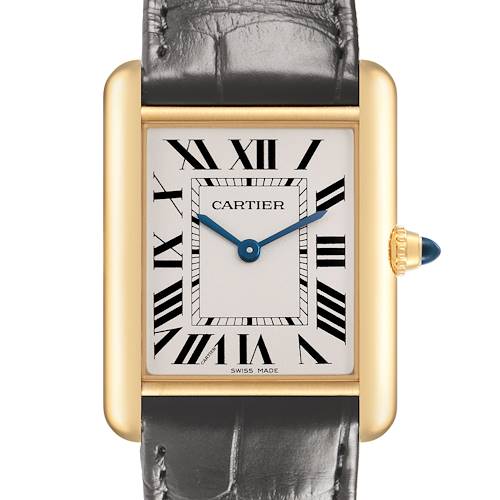 The Cartier Tank Louis WGTA0067 Men's Yellow Gold Silver Dial watch is shown from the front, highlighting the dial, gold case, and leather strap.