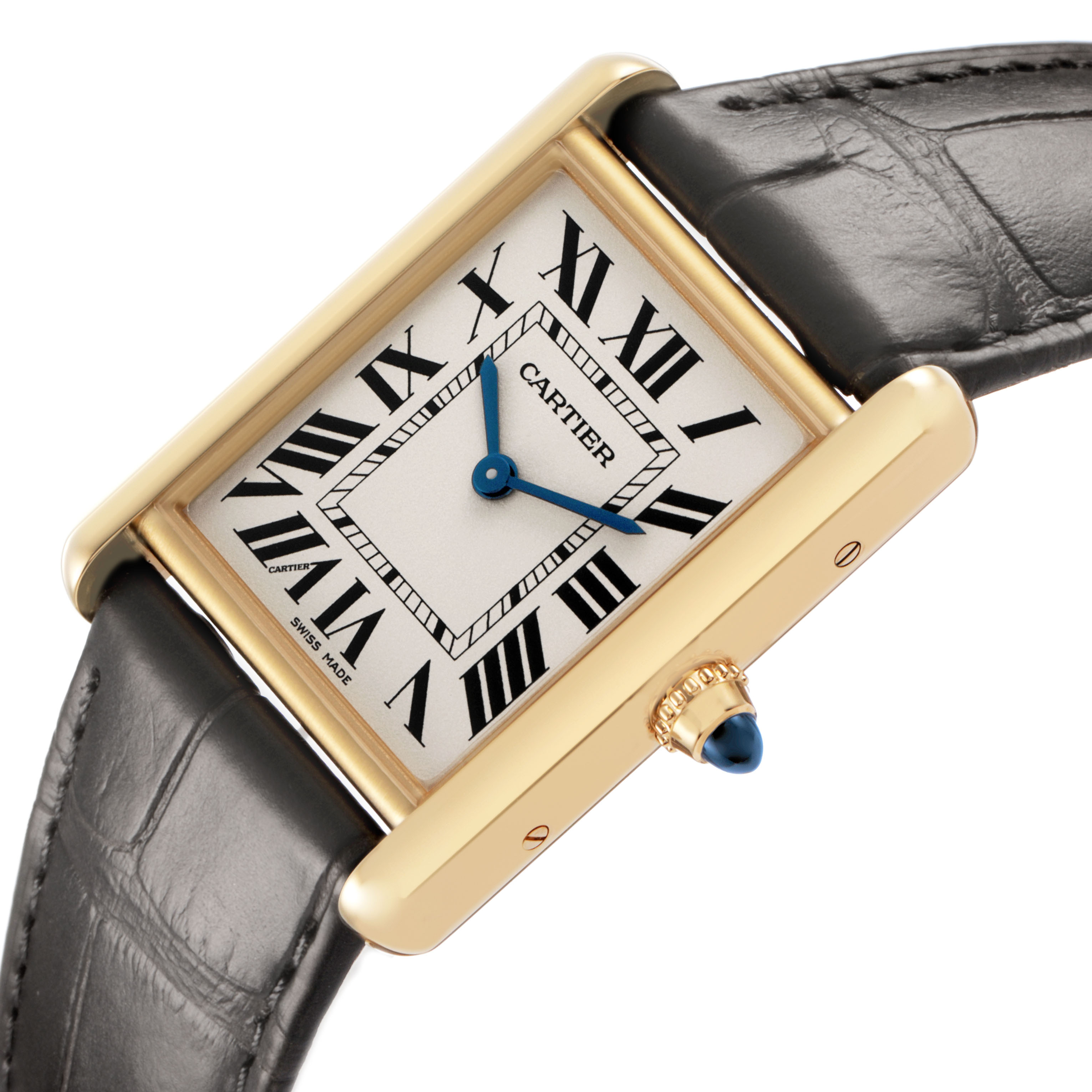 The Cartier Tank Louis WGTA0067 Men's Yellow Gold Silver Dial watch is shown at a slight angle, highlighting its gold case, blue hands, Roman numerals, and leather strap.