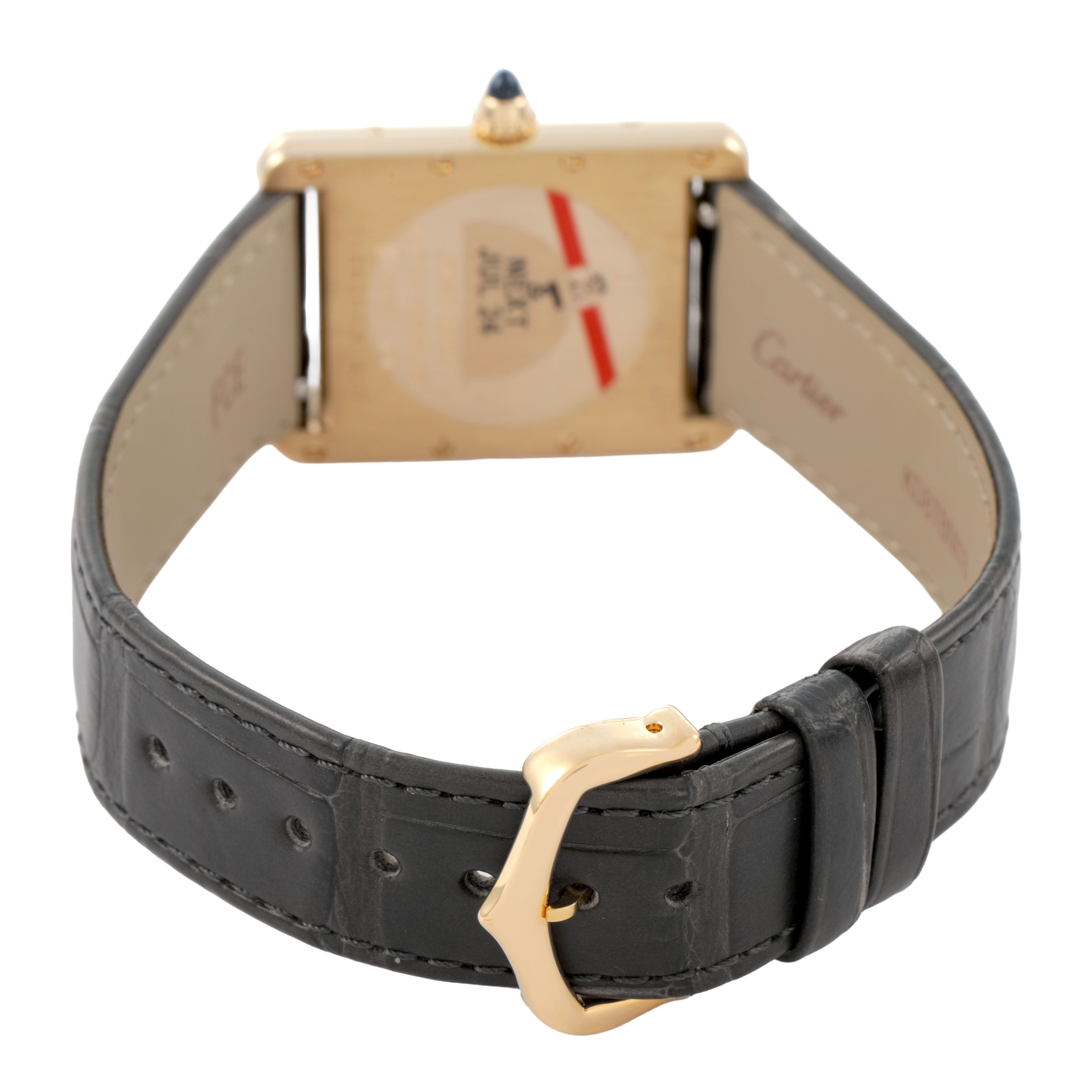 The Cartier Tank Louis WGTA0067 Men's Yellow Gold Silver Dial watch is shown from the rear angle, displaying the back case, leather strap, and gold buckle.