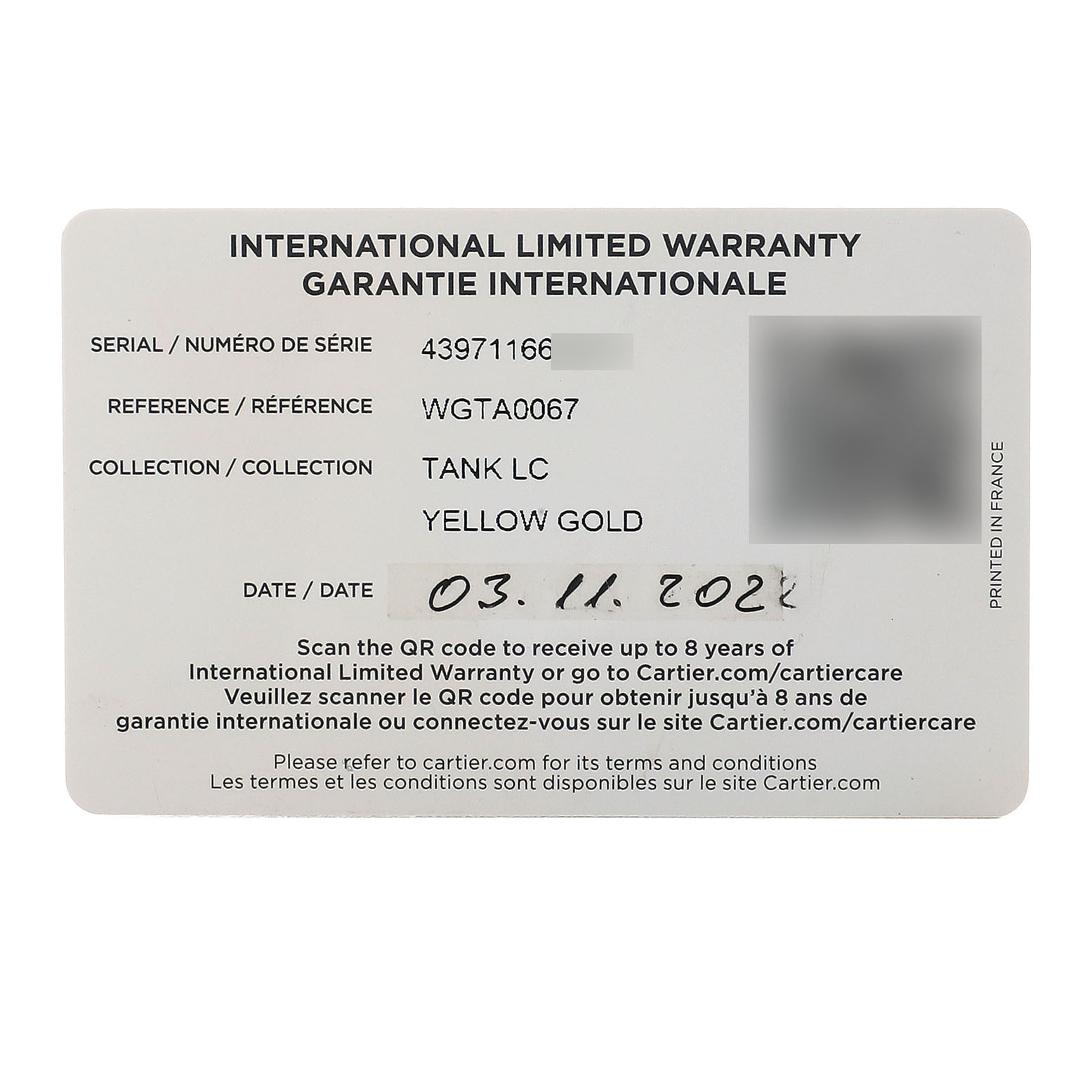 The image shows the international warranty card for a Cartier Tank Louis WGTA0067 Men's Yellow Gold Silver Dial model.