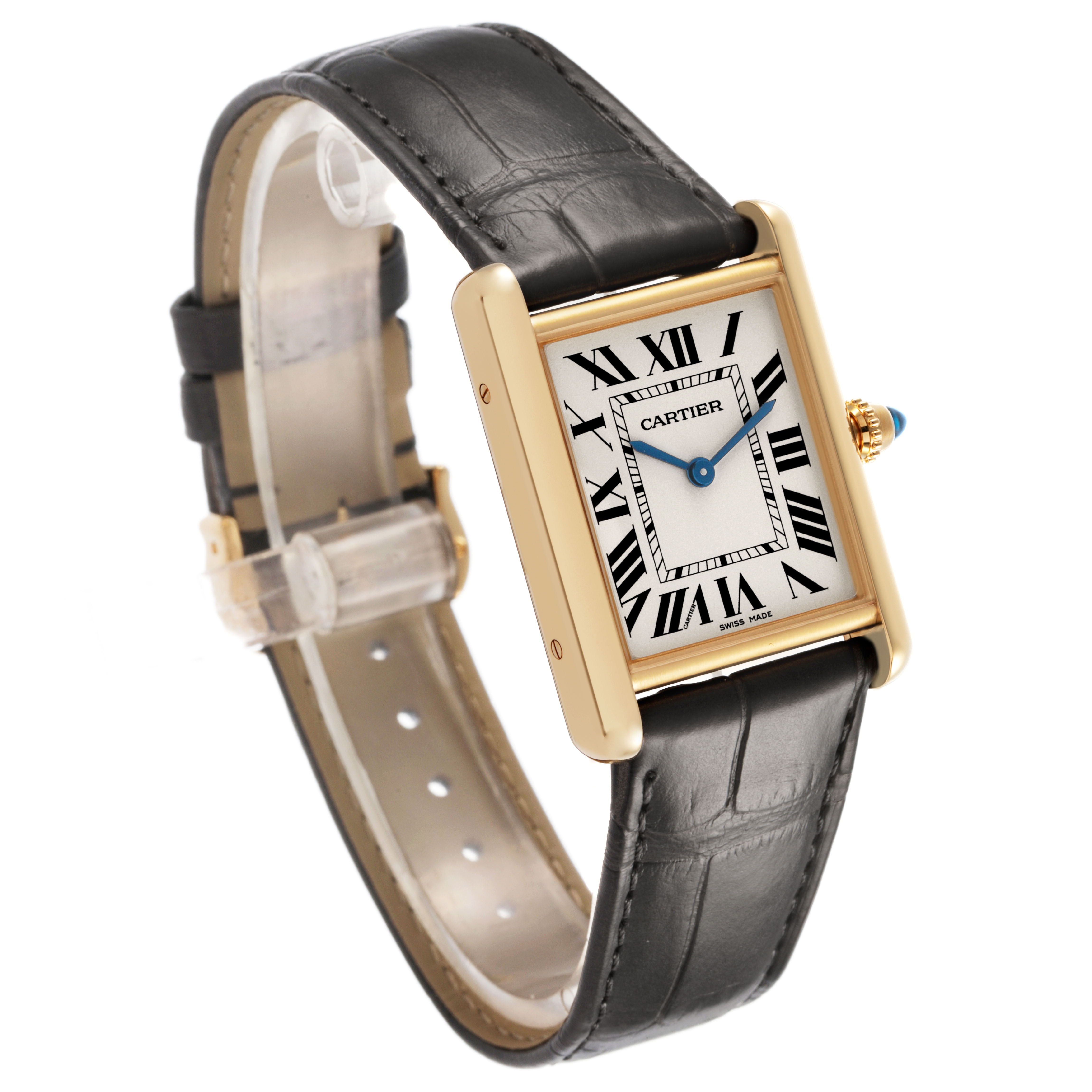 The Cartier Tank Louis WGTA0067 Men's Yellow Gold Silver Dial watch is shown at a slight angle, revealing the face, Roman numerals, and leather strap.