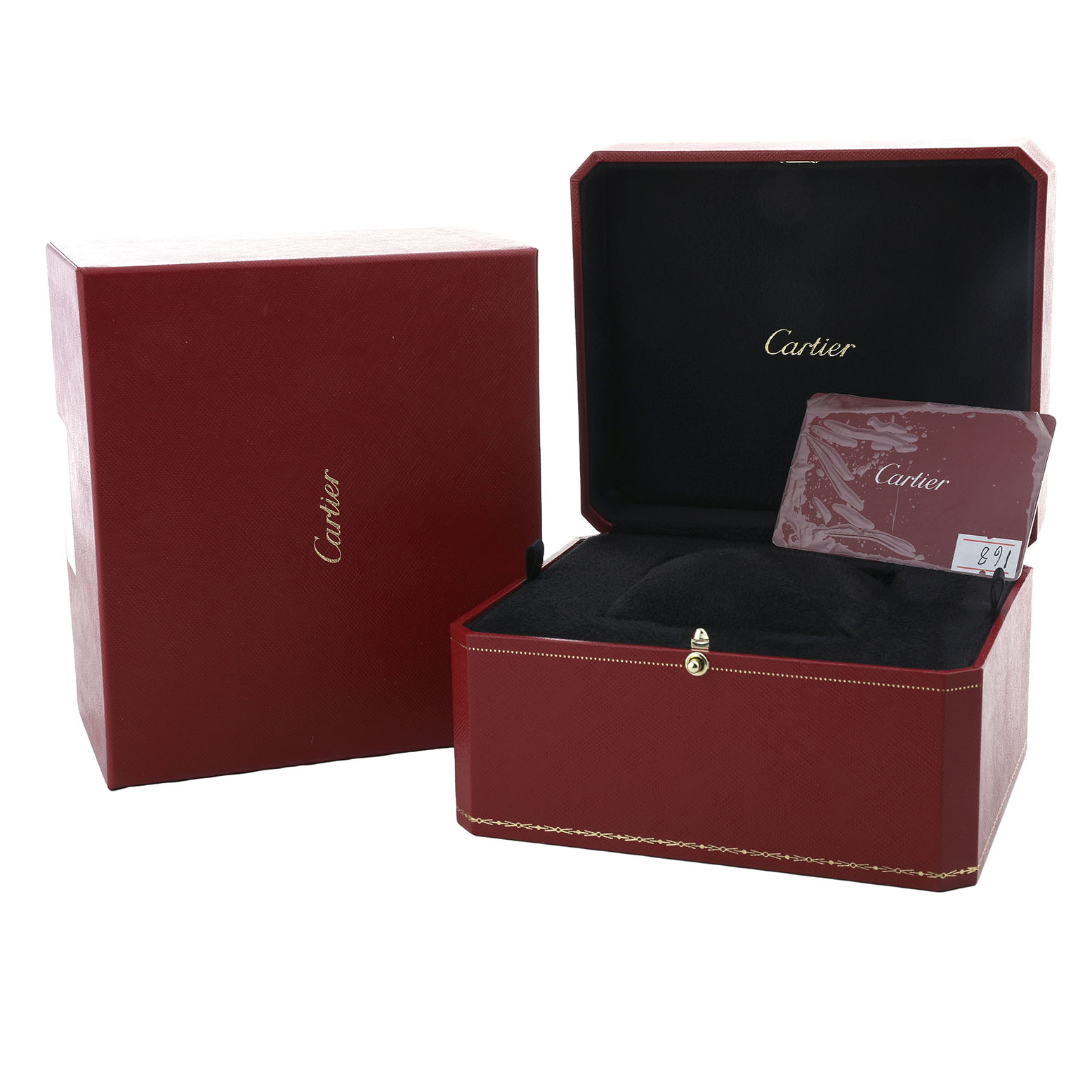 The image shows the Cartier Tank Louis WGTA0067 Men's Yellow Gold Silver Dial watch box and packaging with a card inside.