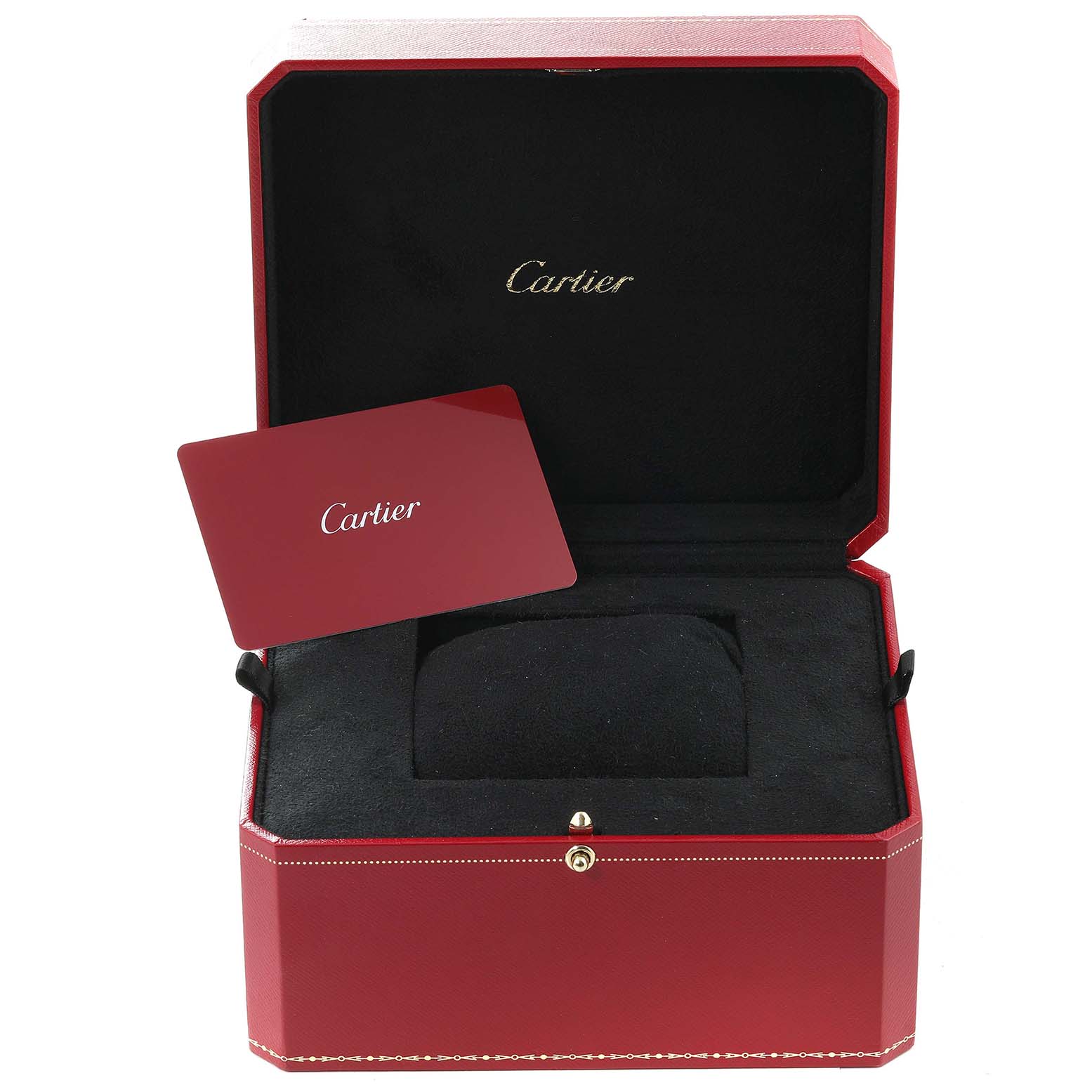 The image shows an open Cartier Tank Must W4TA0016 Women's Stainless Steel Silver Dial W4TA0016 Women's Stainless Steel Silver Dial watch box with a red Cartier card inside.